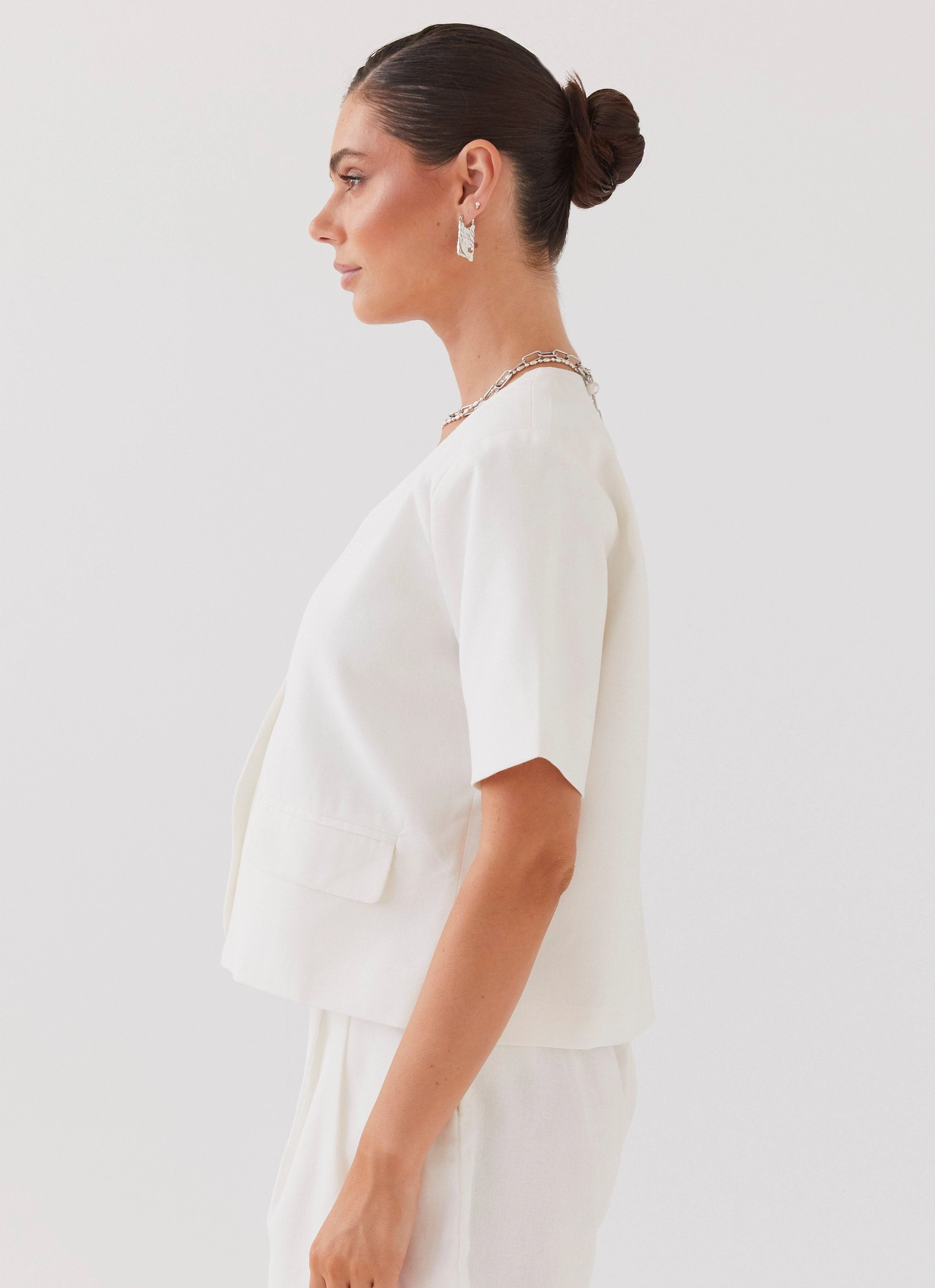 Oversized style High Collar Design Hacienda Linen Short Sleeve Blazer - White