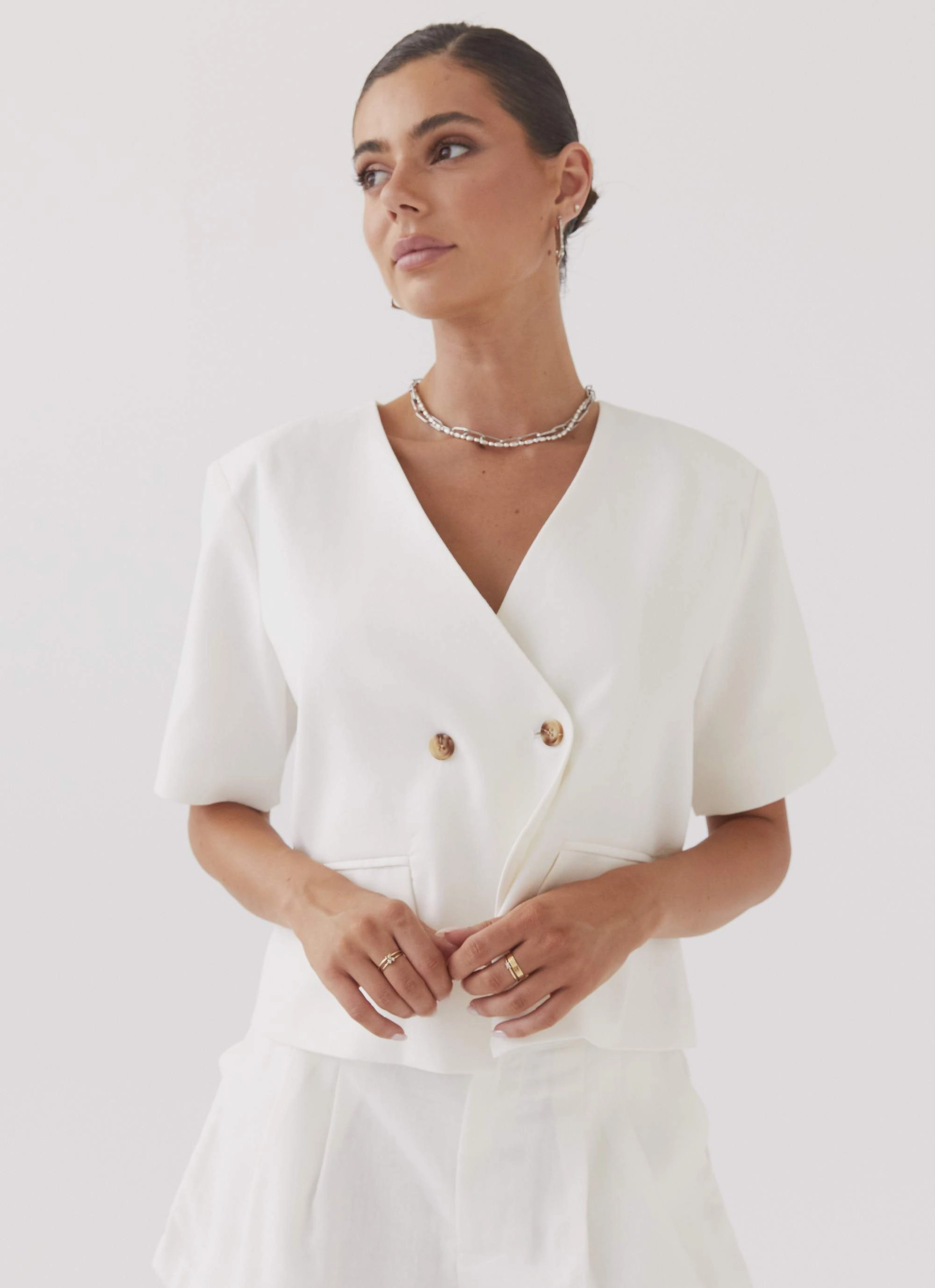 Down Filled Shrink resistant Hacienda Linen Short Sleeve Blazer - White