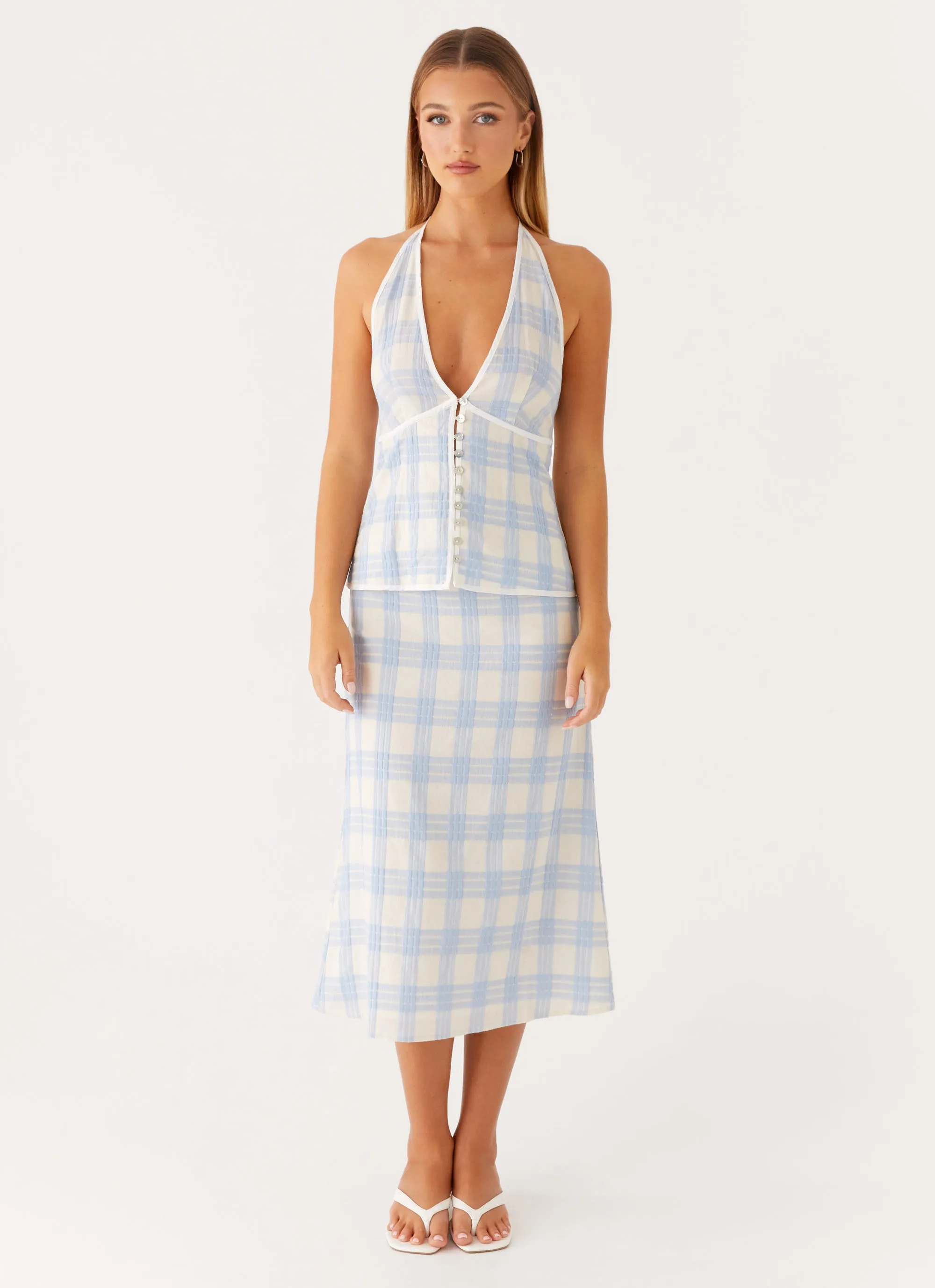 Light Motion Twist Front Esther Midi Skirt - Blue Check Seersucker