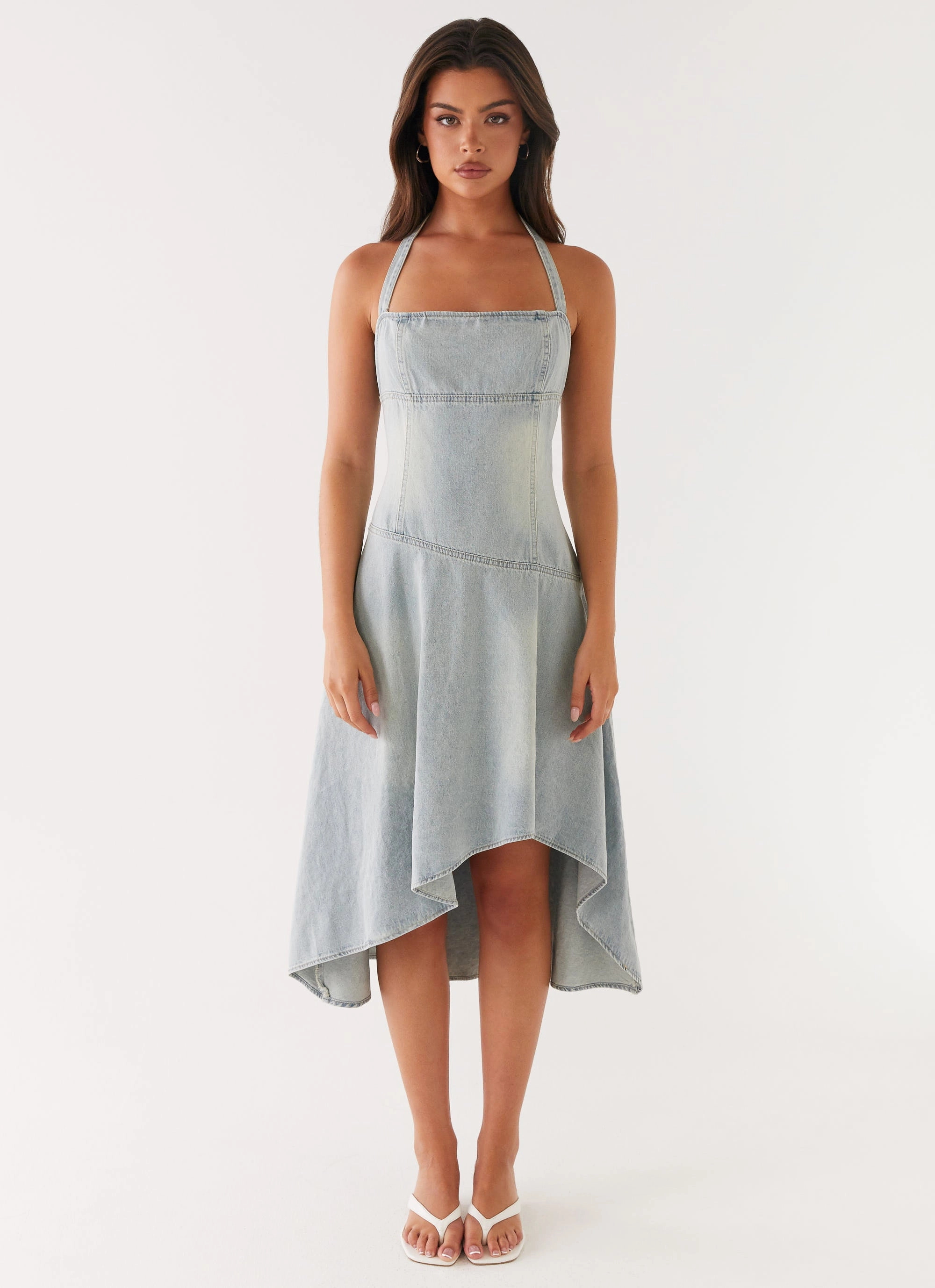 Tanisha Denim Midi Dress - Washed Blue Modern Silhouette Stylish Waistband Design
