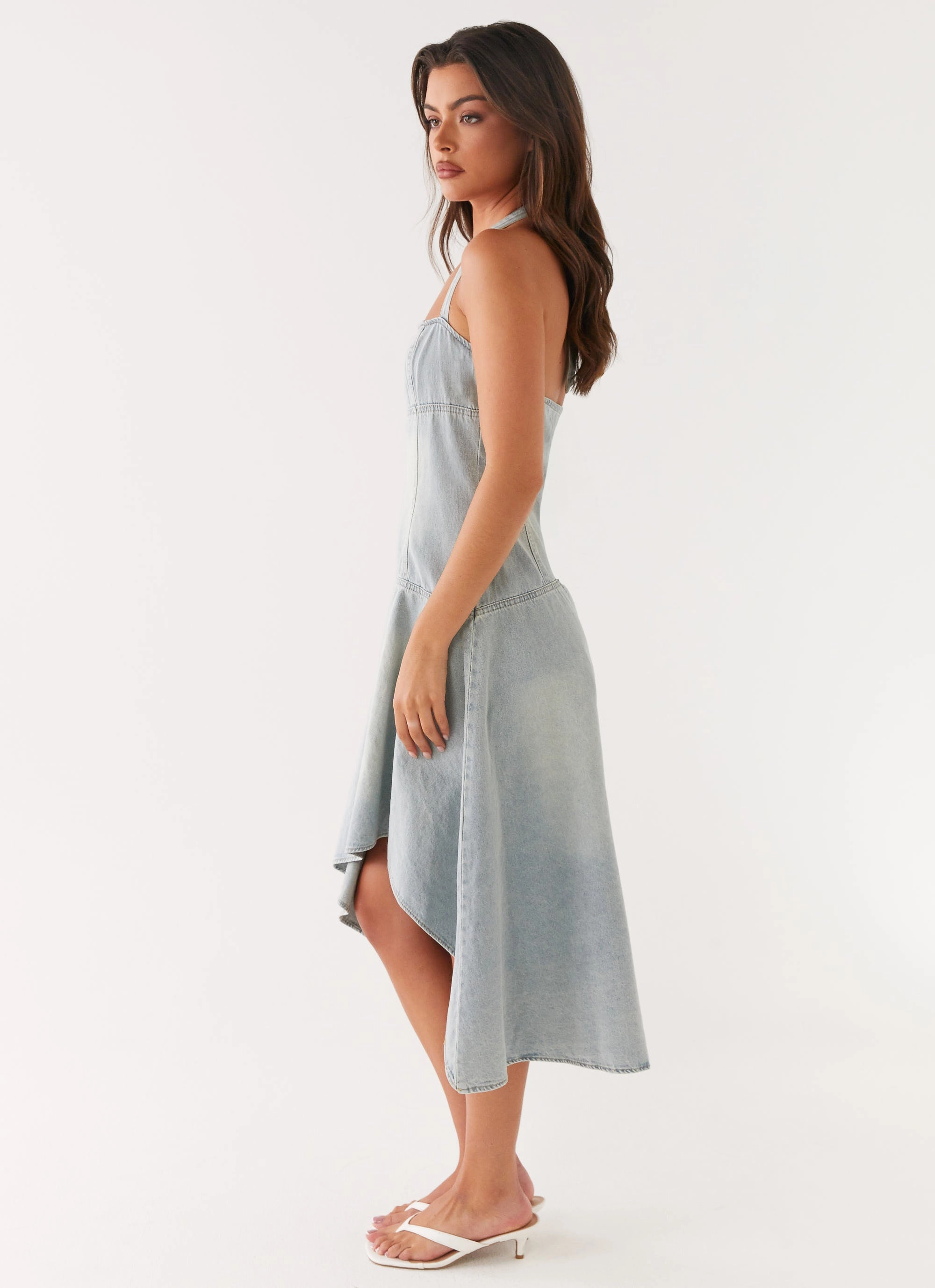 Tanisha Denim Midi Dress - Washed Blue Sheer Panel