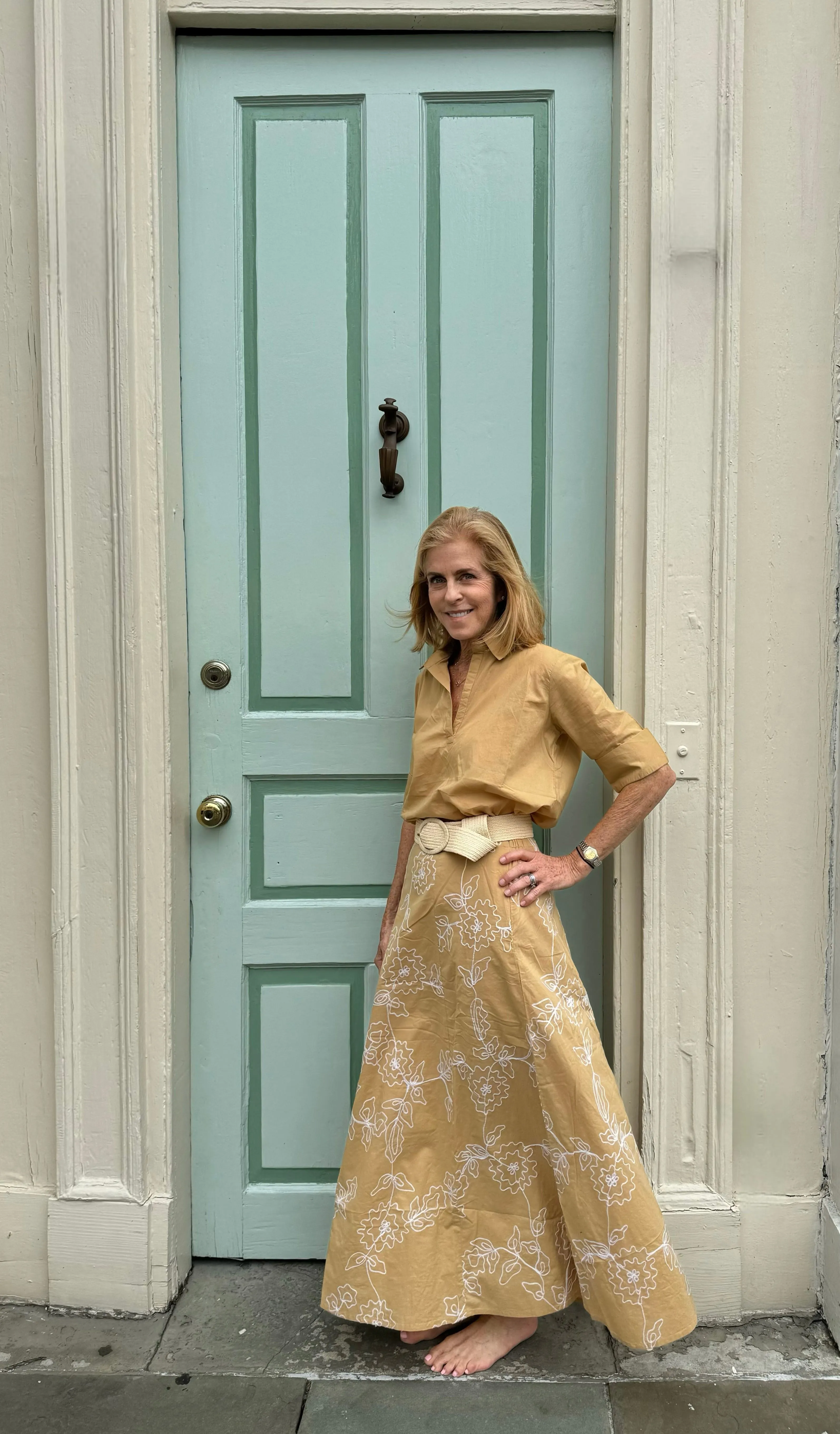 Hanley Midi Skirt Caramel with White Embroidery