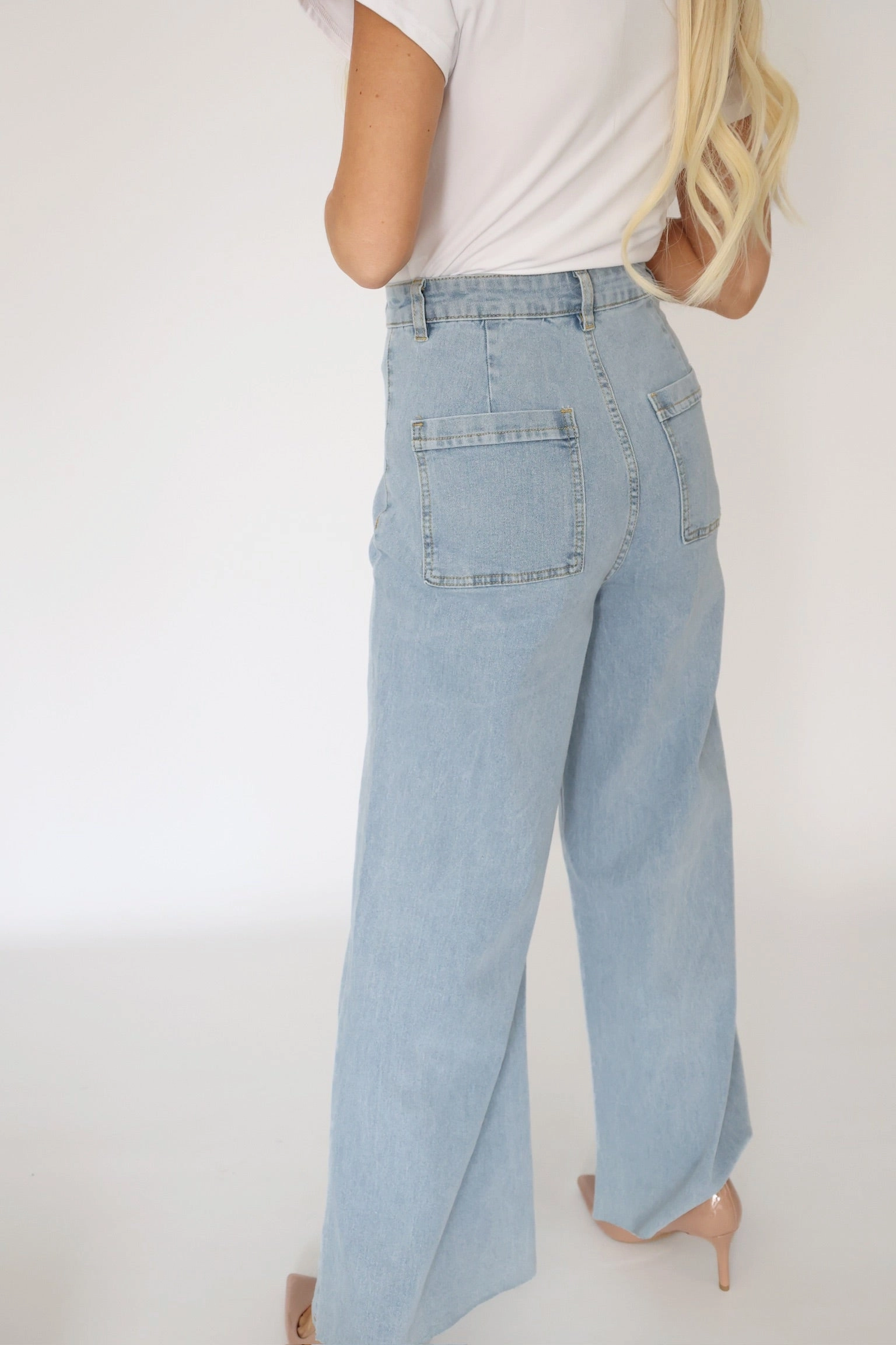 Harper Wide Leg Jean- Light Denim Contrast Stitch Non Restrictive Cut
