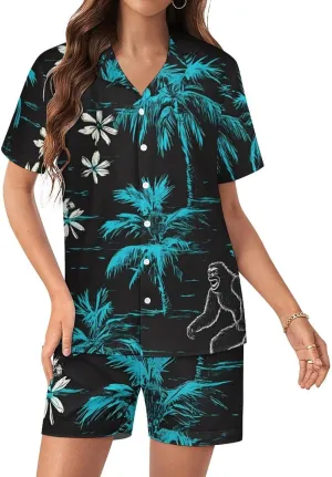 Hawaii Surfing Bigfoot Palm Trees Satin Pajamas For Women Set Botton Down Short Sleeves Silk Sleepwear
