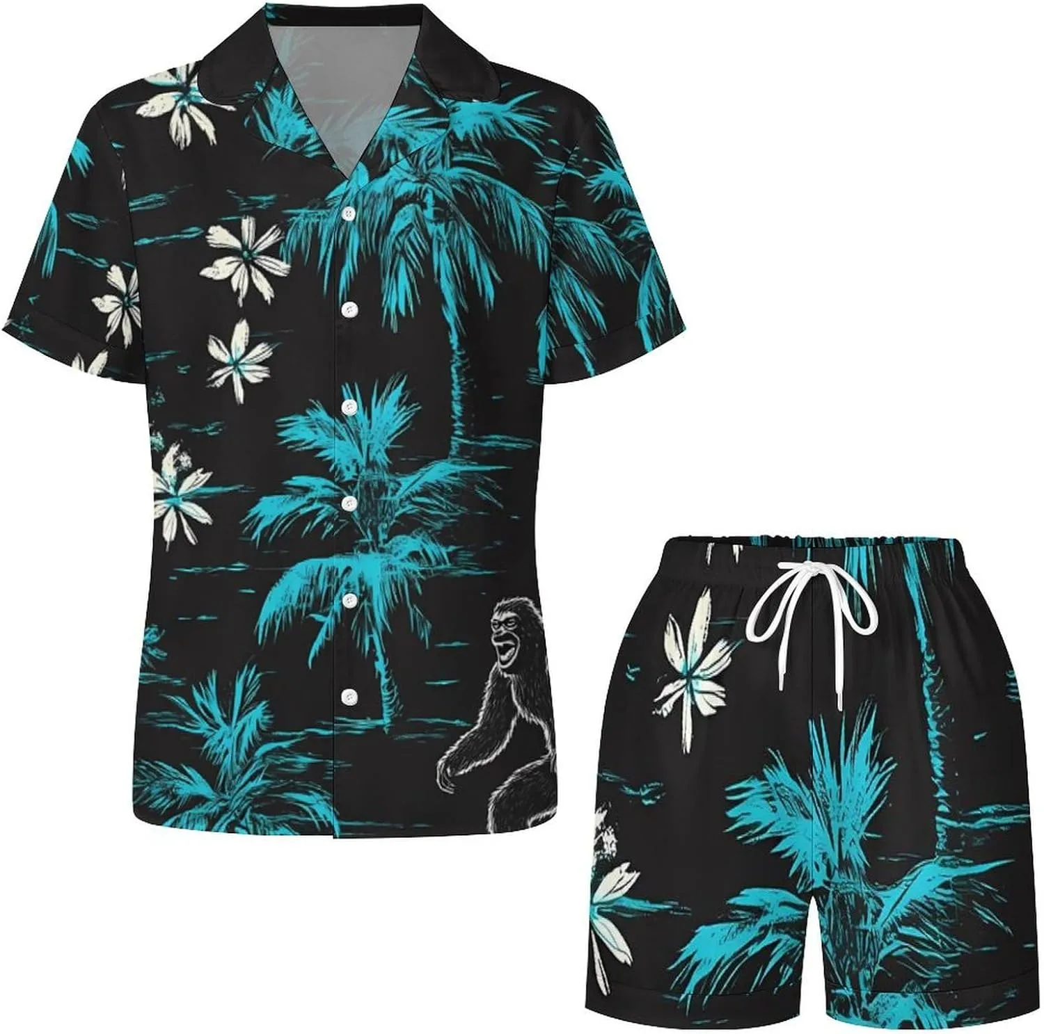 Hawaii Surfing Bigfoot Palm Trees Satin Pajamas For Women Set Botton Down Short Sleeves Silk Sleepwear