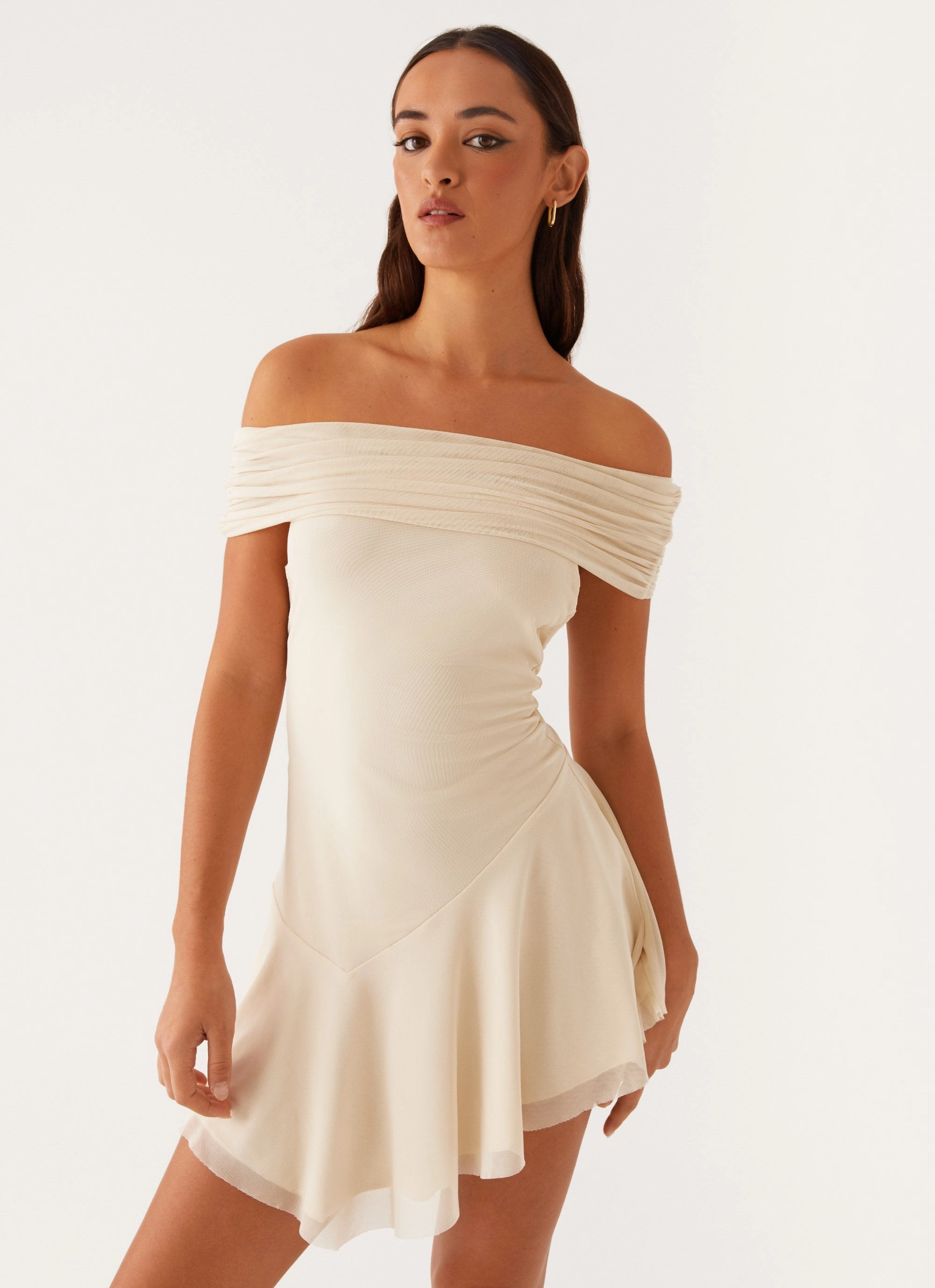 Finola Off Shoulder Mini Dress - Pastel Yellow Natural Light