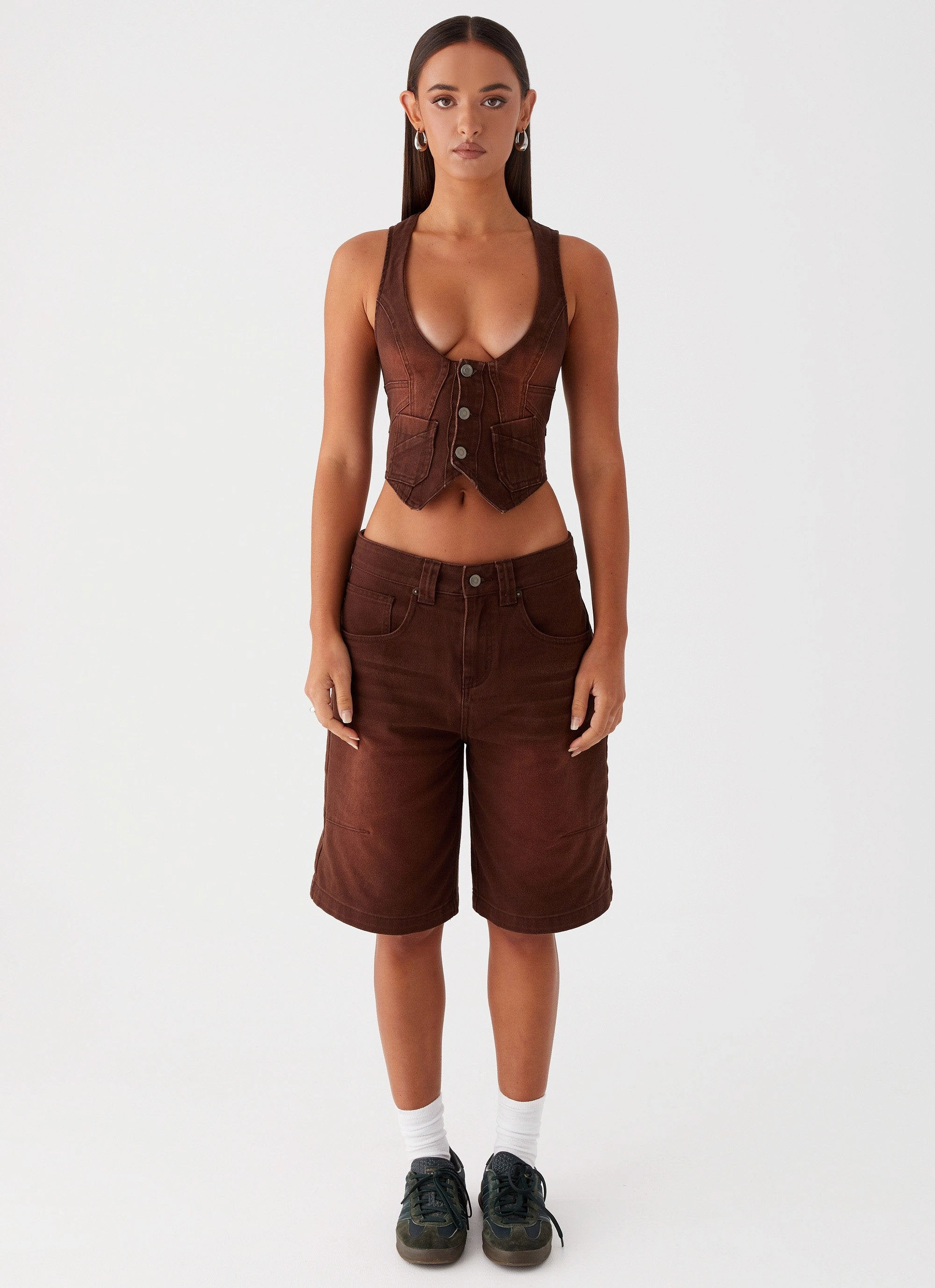 ContouredShoulderFit Heading South Denim Jorts - Brown