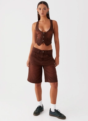 Heading South Denim Jorts - Brown Comfort Cushioning Eco Nice Mesh Ventilation Panels Heading South Denim Jorts - Brown