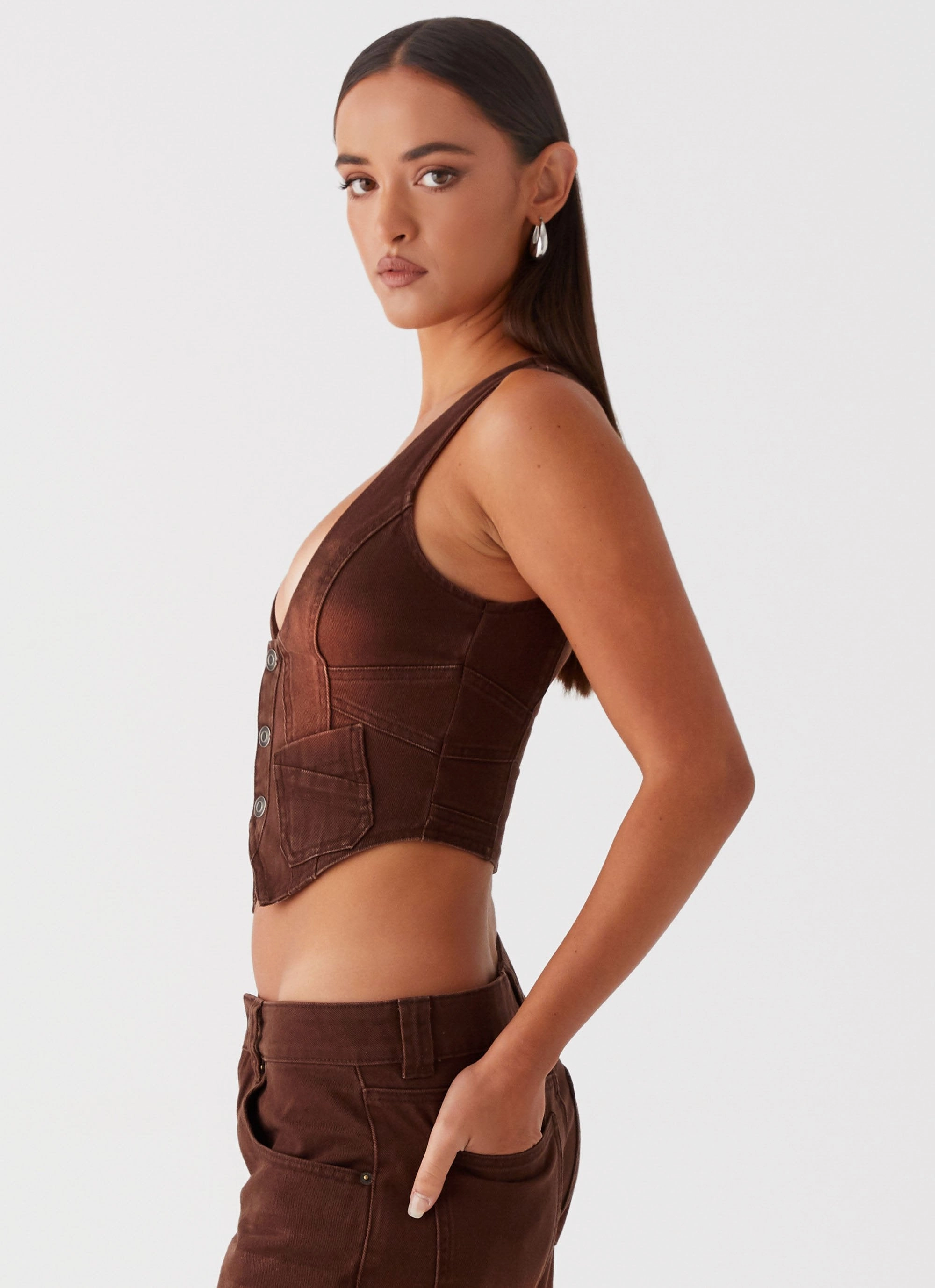 HiddenPockets Heading South Denim Vest - Brown