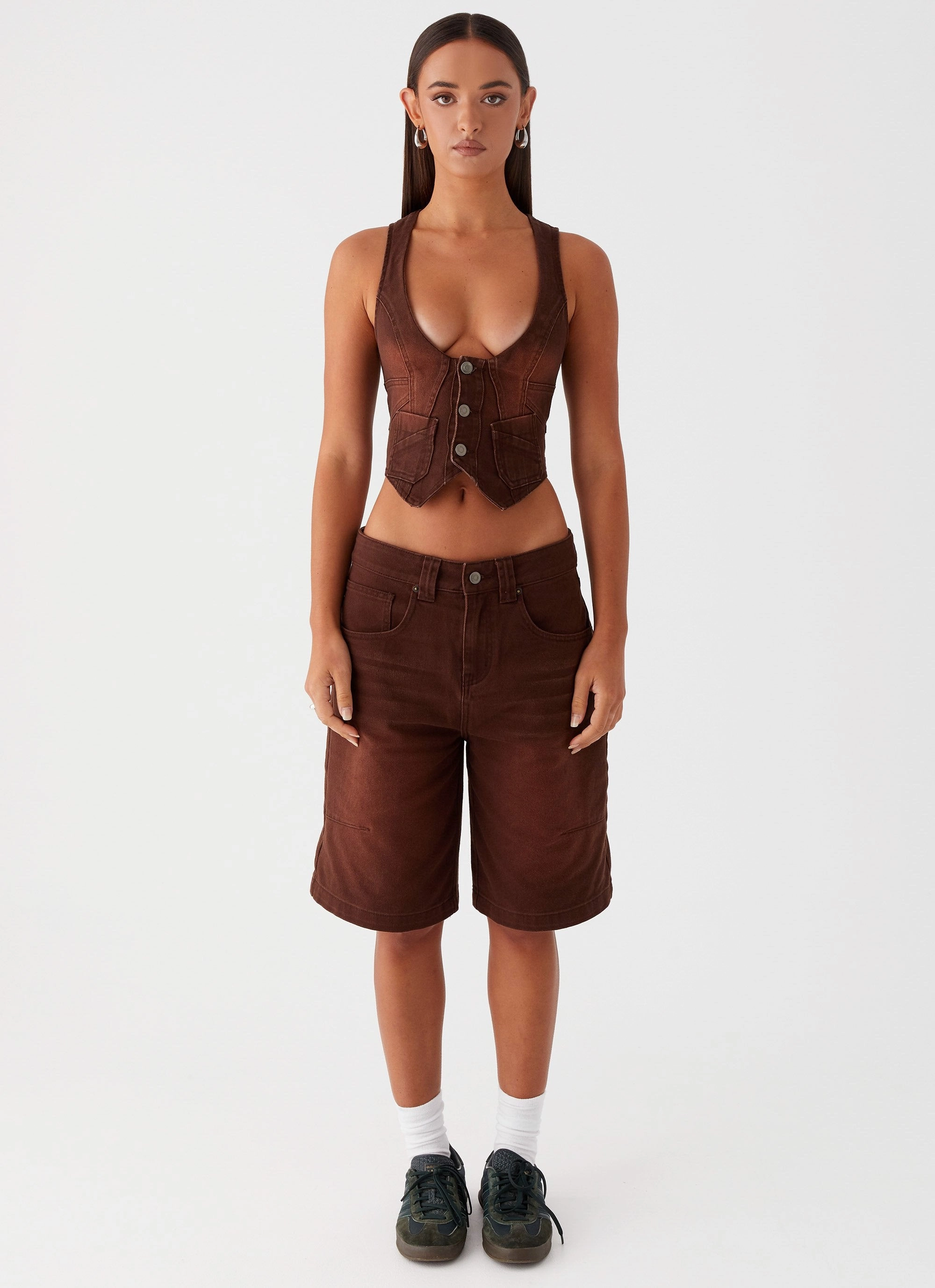 AbrasionResistantSurface Reinforced Collar Structure Heading South Denim Vest - Brown