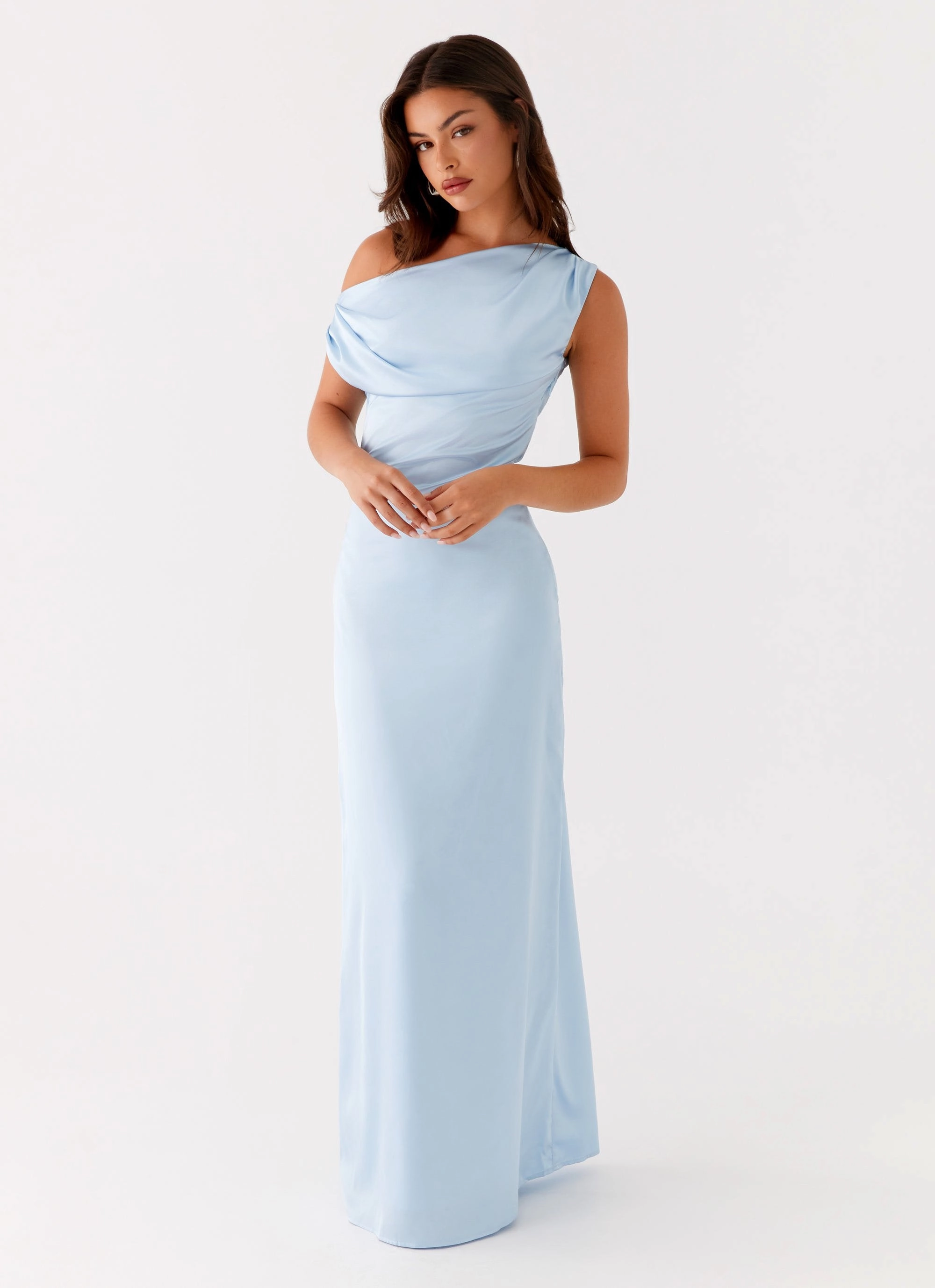 Heart Of Glass Satin Maxi Dress - Blue Flowing Lines