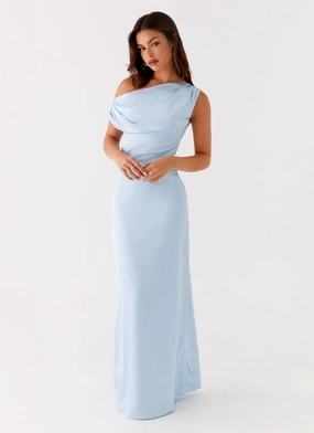 Heart Of Glass Satin Maxi Dress - Blue Elegant Touch Heart Of Glass Satin Maxi Dress - Blue Flowing Lines
