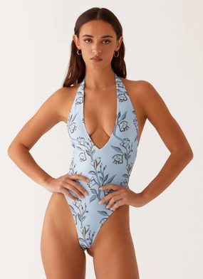 Heat Sealed Delia One Piece Swimsuit - Blue Floral Print Delia One Piece Swimsuit - Blue Floral Print Poolside Vacation All-Weather