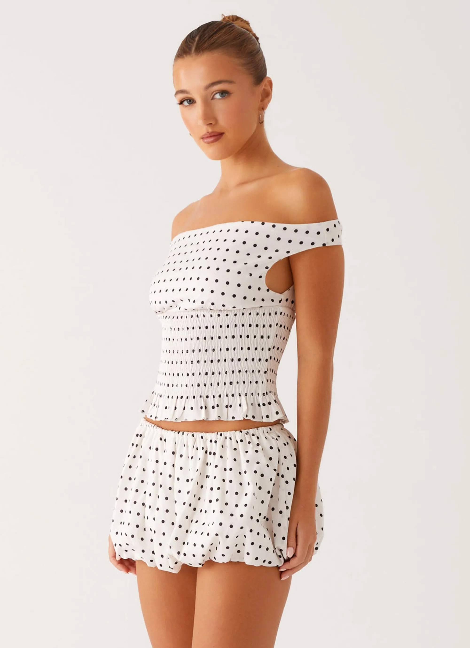 Double Stitched Hems Durable Reinforced Elbows Heather Off Shoulder Top - White Black Polka Dot