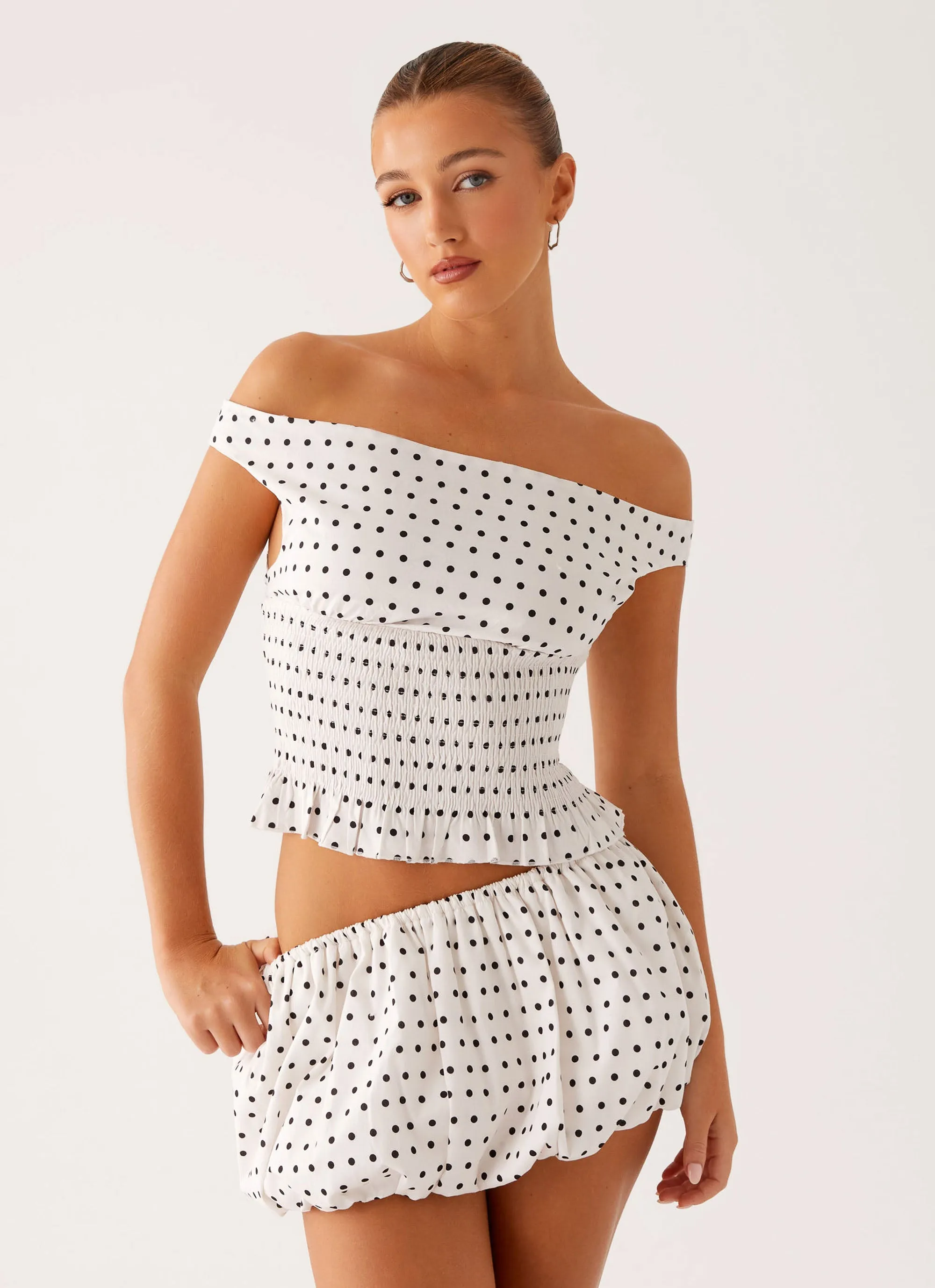Heather Off Shoulder Top - White Black Polka Dot StaticResistantFabric