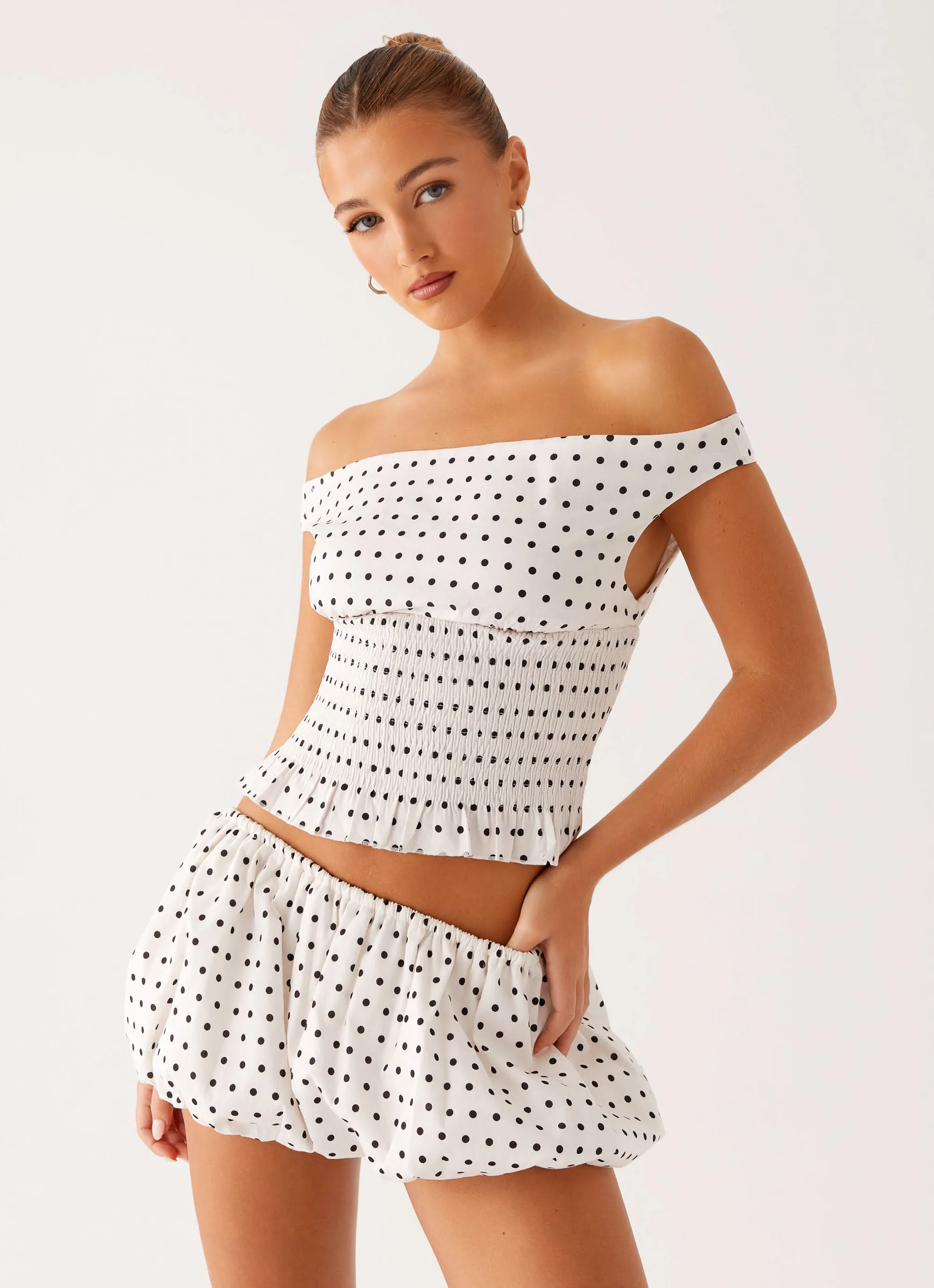 Anti Slip Shoulder Padding Heather Off Shoulder Top - White Black Polka Dot