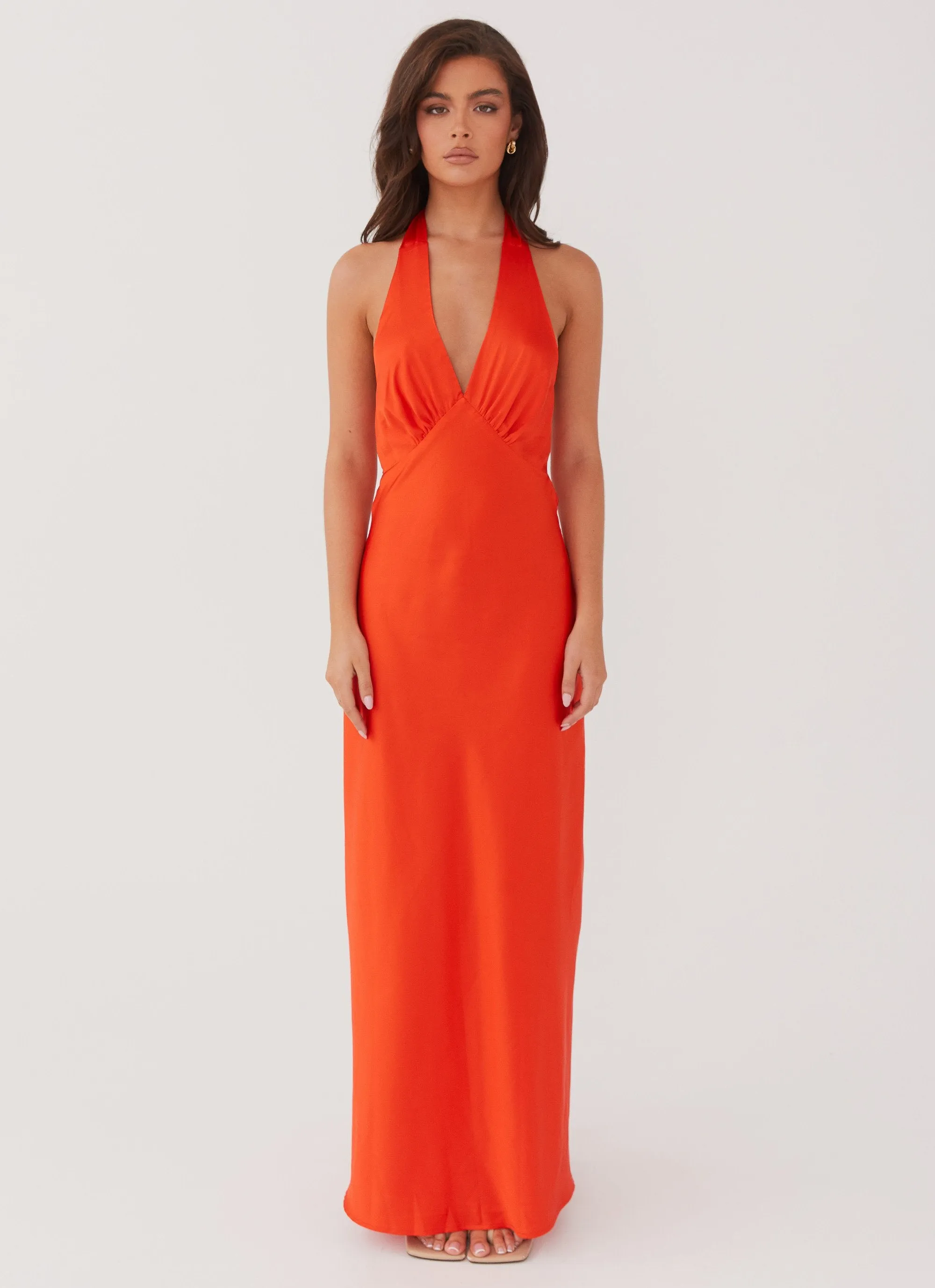Work Appropriate Heavy Hearted Satin Maxi Dress - Sunset