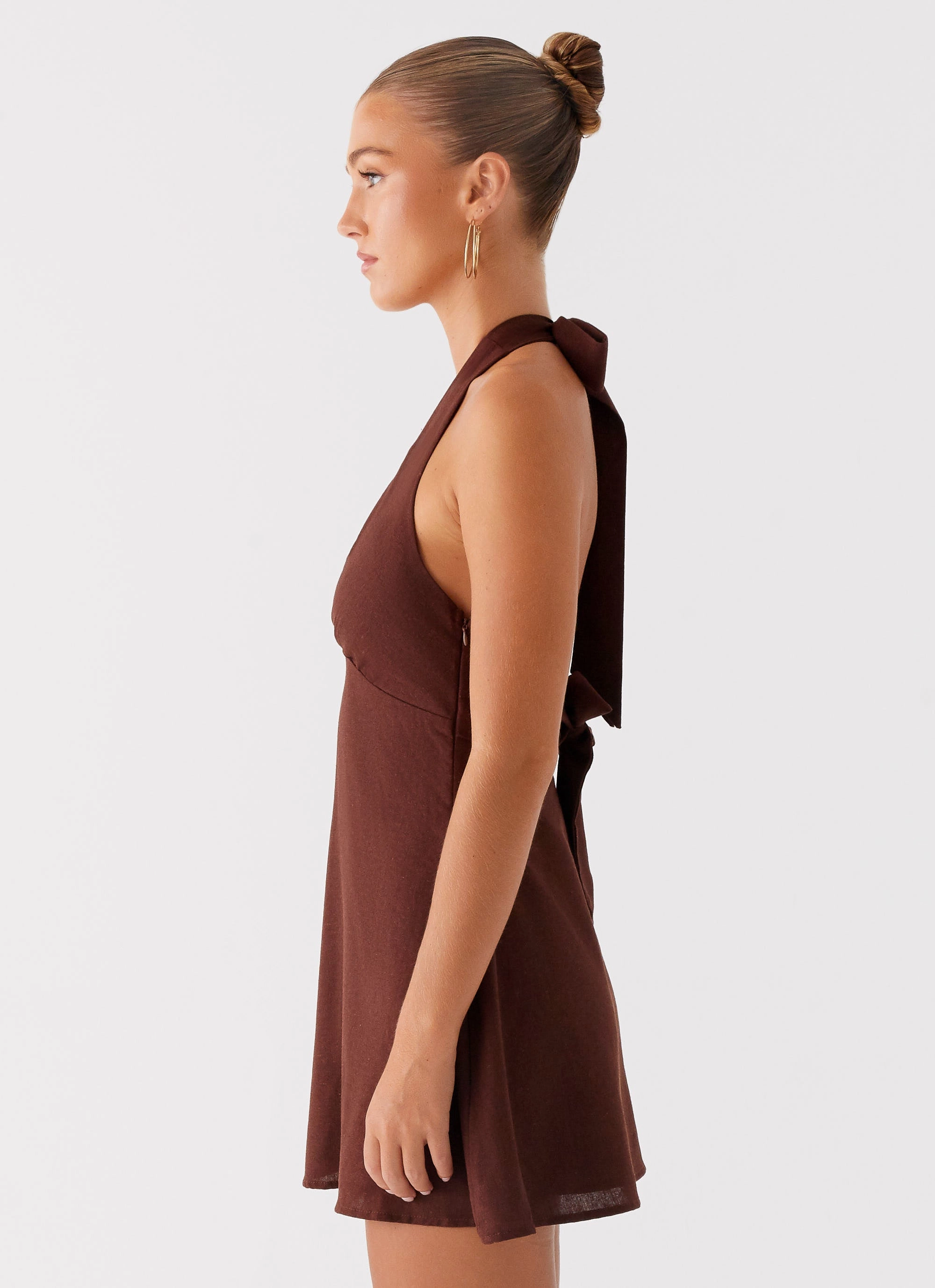 Heavy Hearted Linen Mini Dress - Brown Dropped-Waist