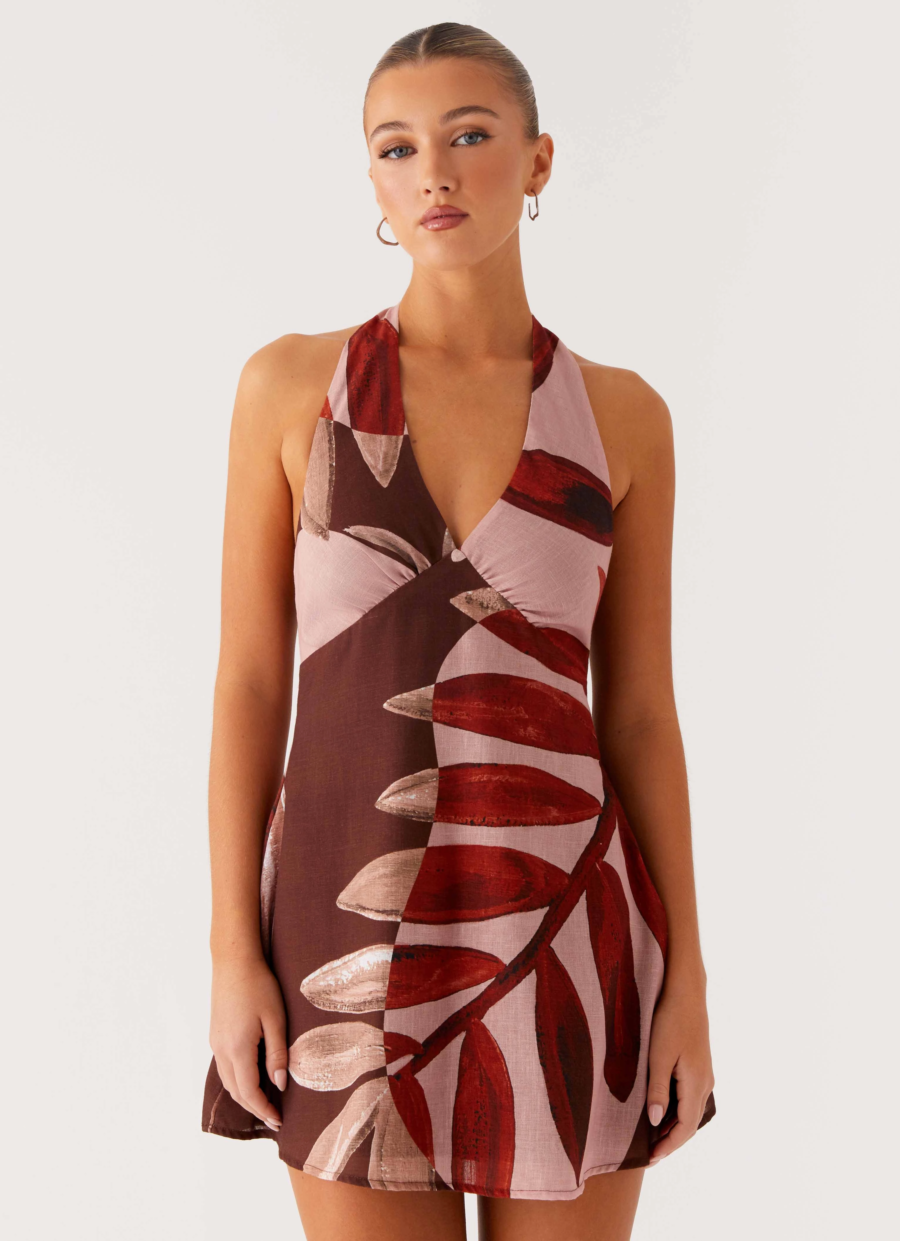 Nordic Plain Bold Structure Heavy Hearted Linen Mini Dress - Cinnamon Palm