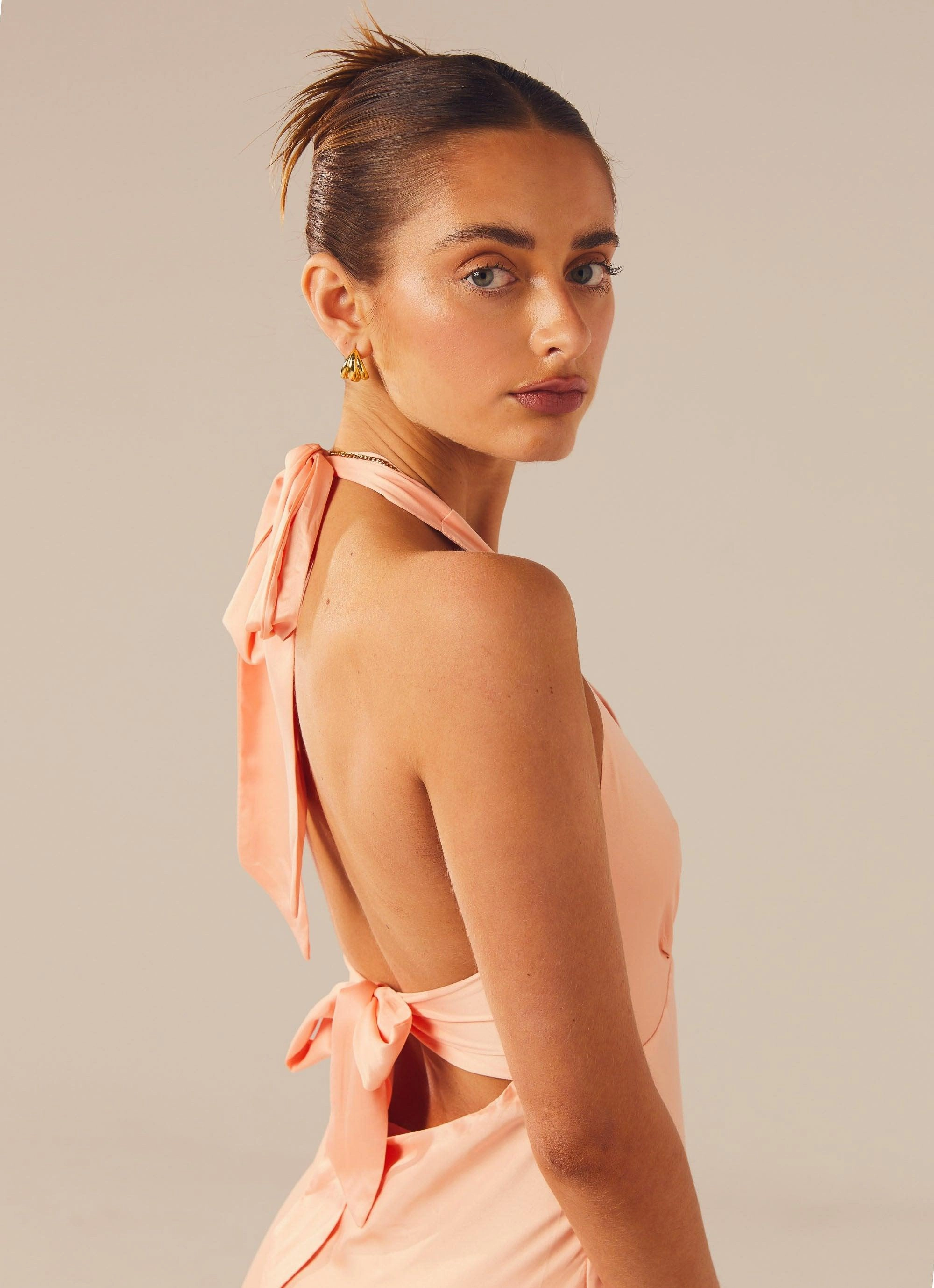 Heavy Hearted Satin Maxi Dress - Peach perfect for events Gloss Accent