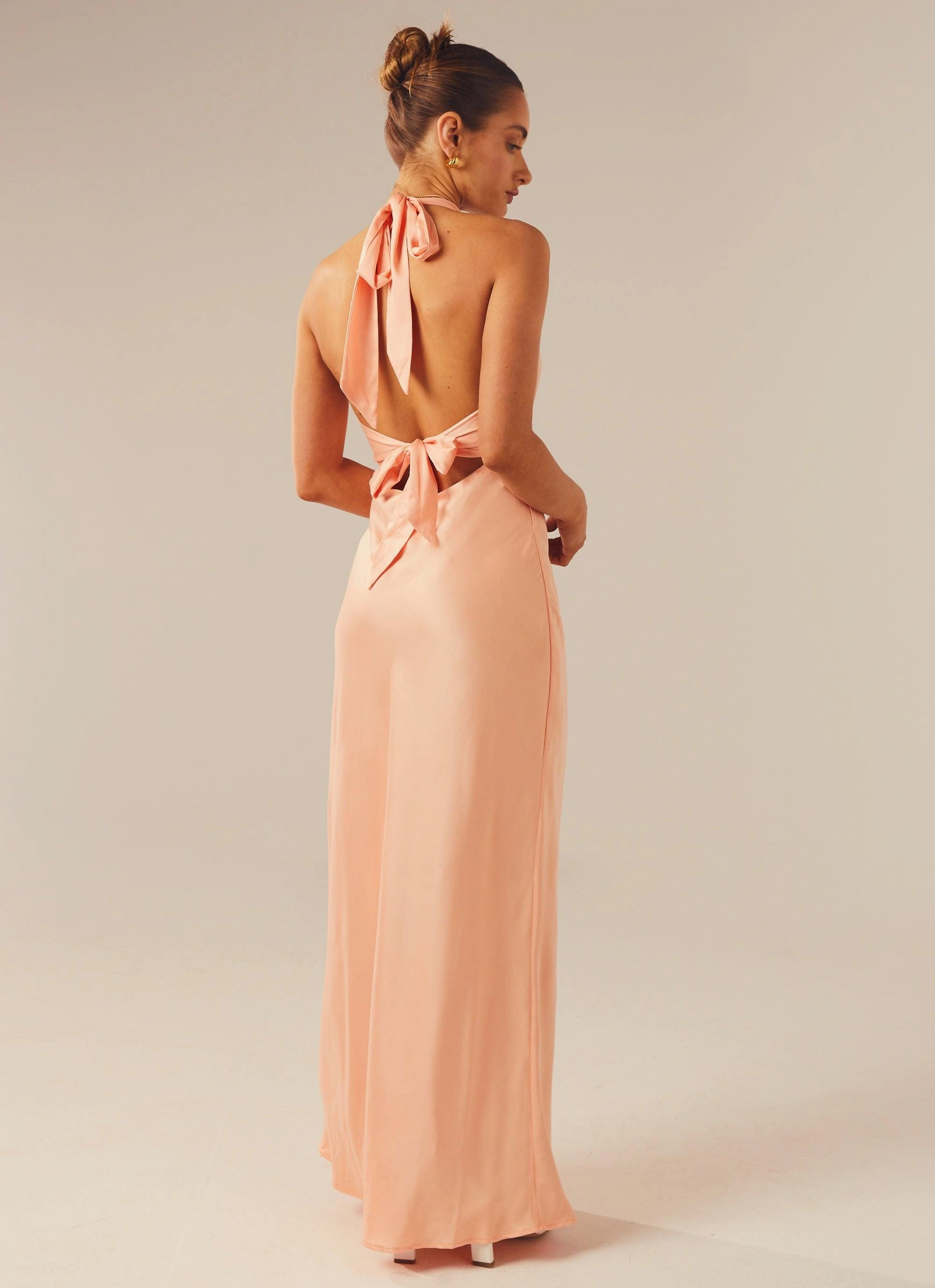 Heavy Hearted Satin Maxi Dress - Peach Relax Form