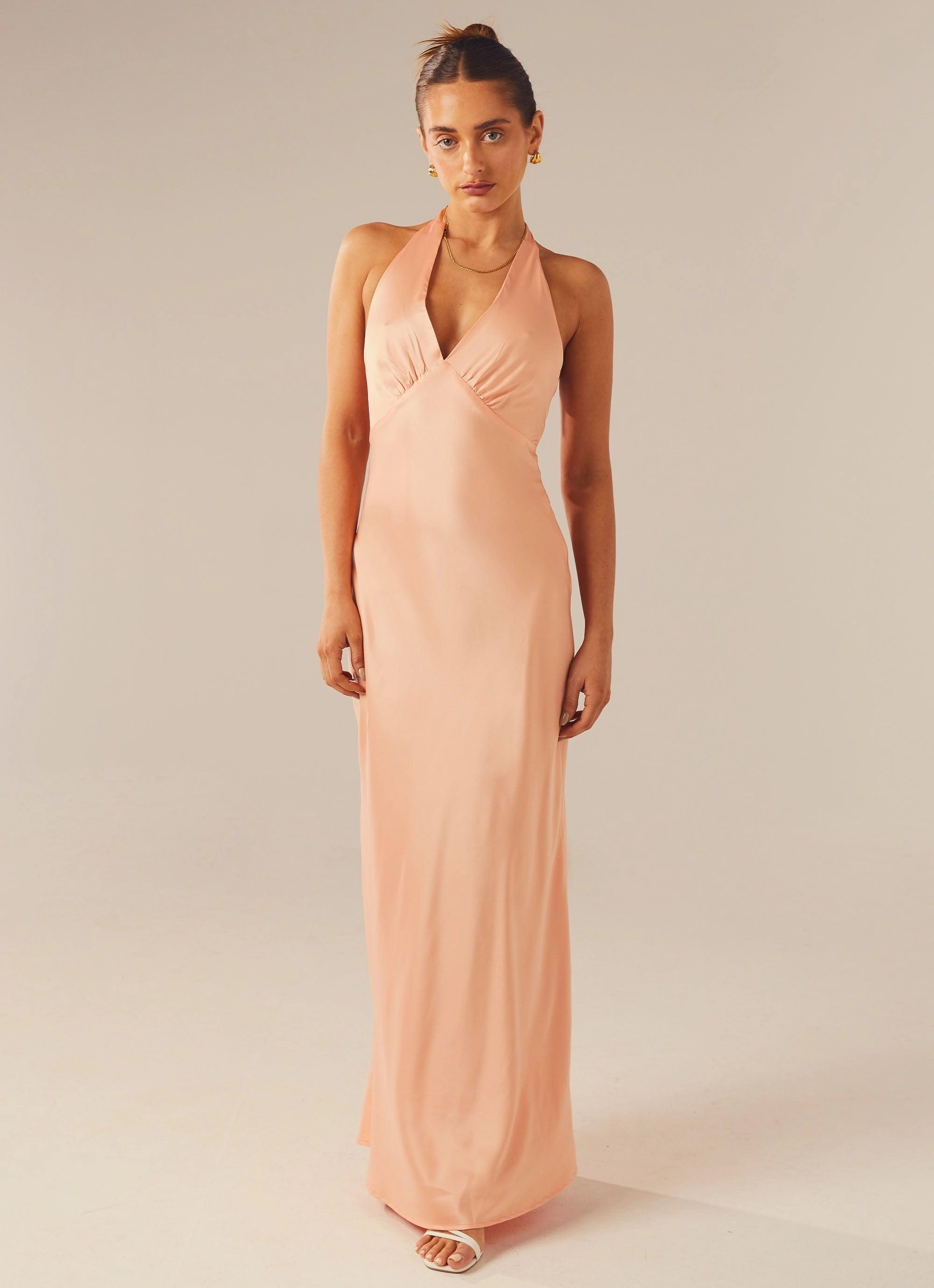 Silky Surface Pose Sweet Heavy Hearted Satin Maxi Dress - Peach
