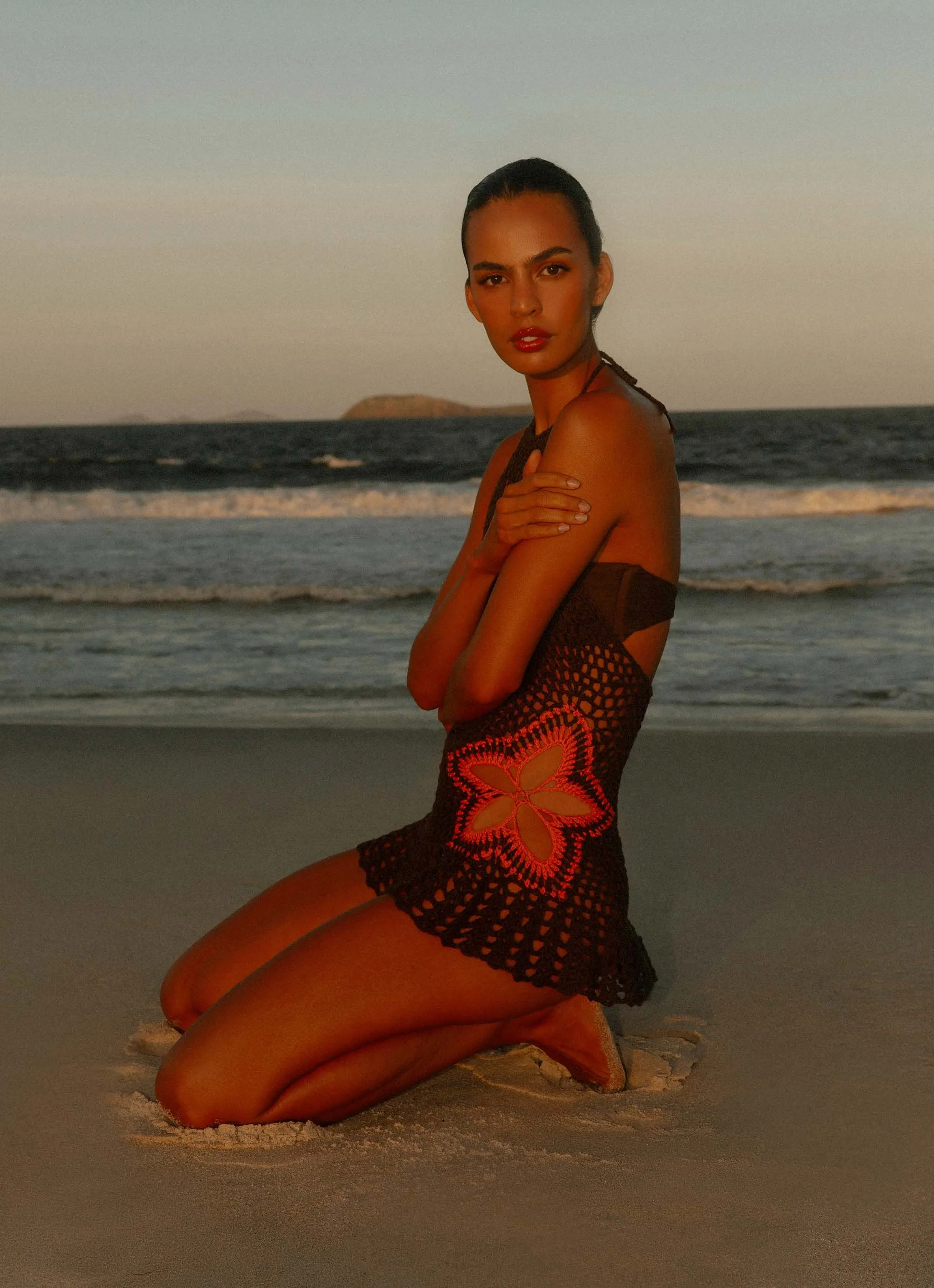 Bold Pattern Henley Crochet Mini Dress - Chocolate