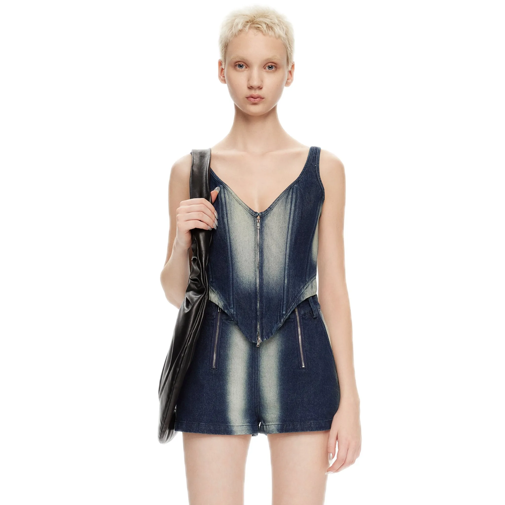 Herringbone Zipper Acid-wash Denim Vest