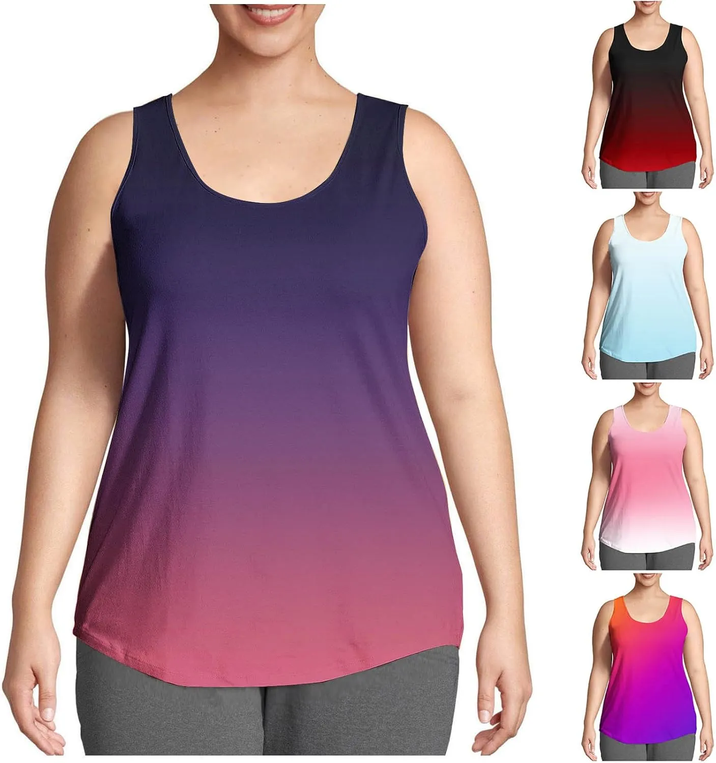 HGps8w Plus Size Casual Tank Top for Women Trendy Gradient Loose Fit Summer Sleeveless Crewneck Going Out Tunic Tee Shirts