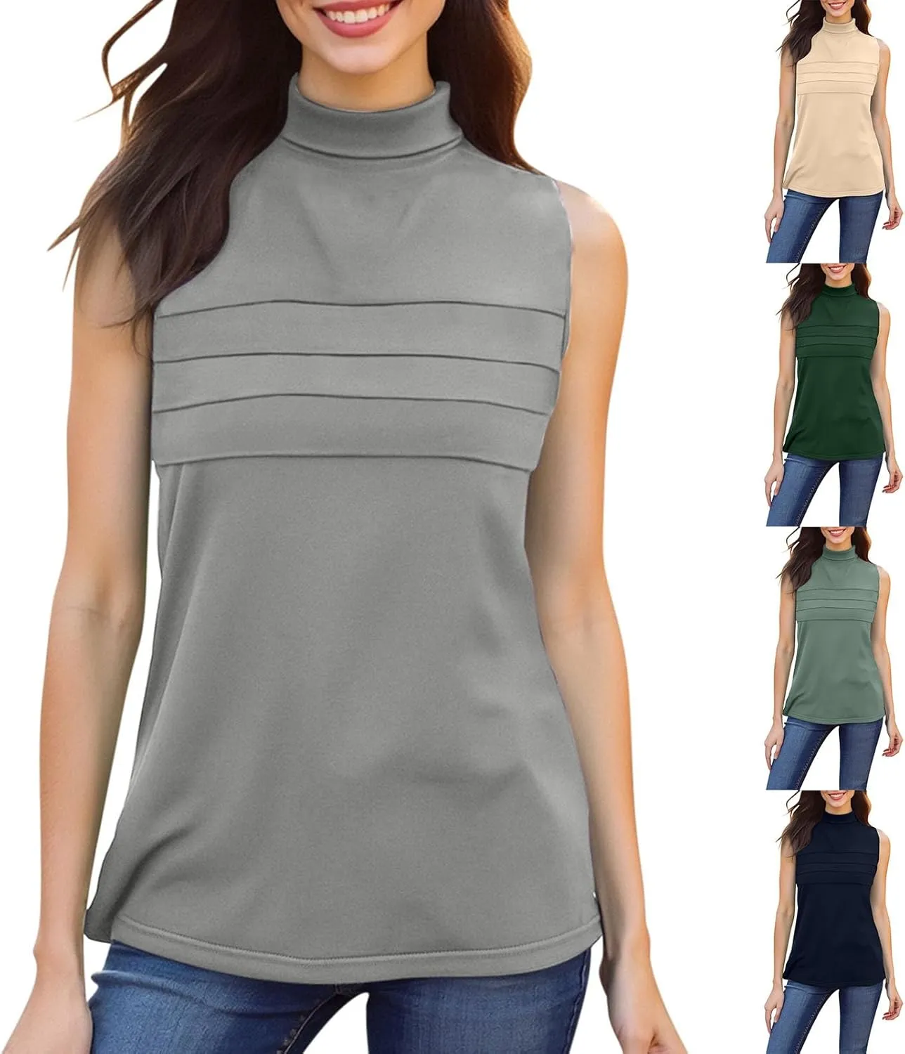 HGps8w Plus Size Turtleneck Tank Top for Women Dressy Pleated 2025 Summer Sleeveless Going Out Business Casual Tee Shirts