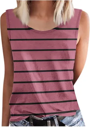 HGps8w Plus Size Women's Casual Striped Tank Tops Trendy 2025 Summer Sleeveless Tunic Tee Shirts Loose Crewneck Blouse