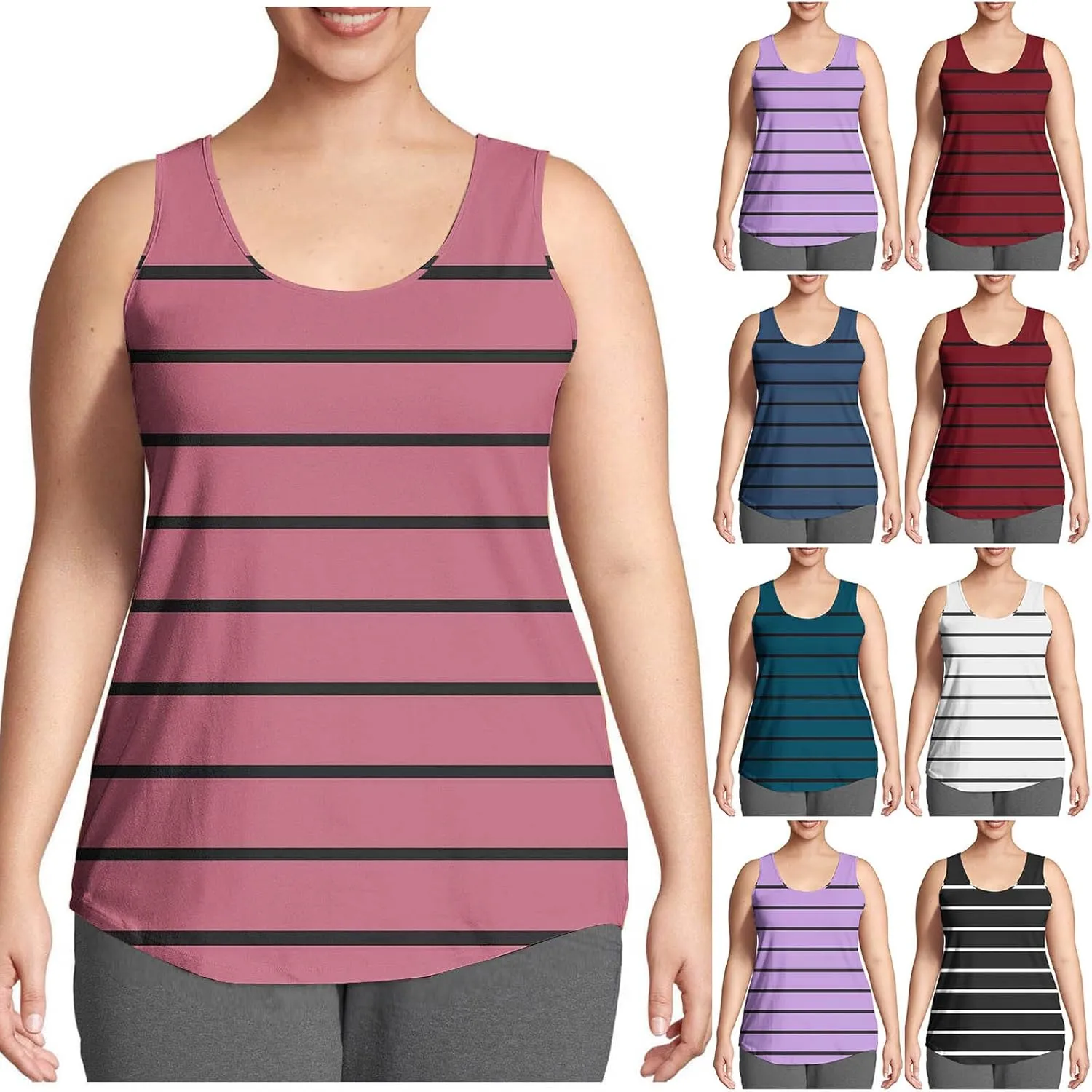HGps8w Plus Size Women's Striped Summer Tank Top - Casual Loose Fit Round Neck Camisole Sleeveless Workout Yoga Shirts