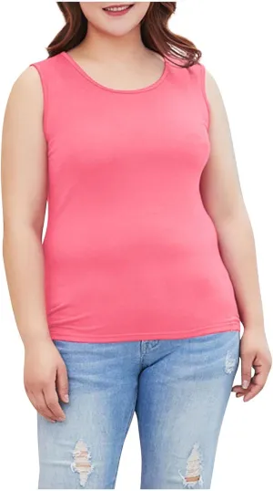 HGps8w Women's Plus Size Tank Tops Crew Neck Sleeveless Basic Solid Casual Camisole Shirts