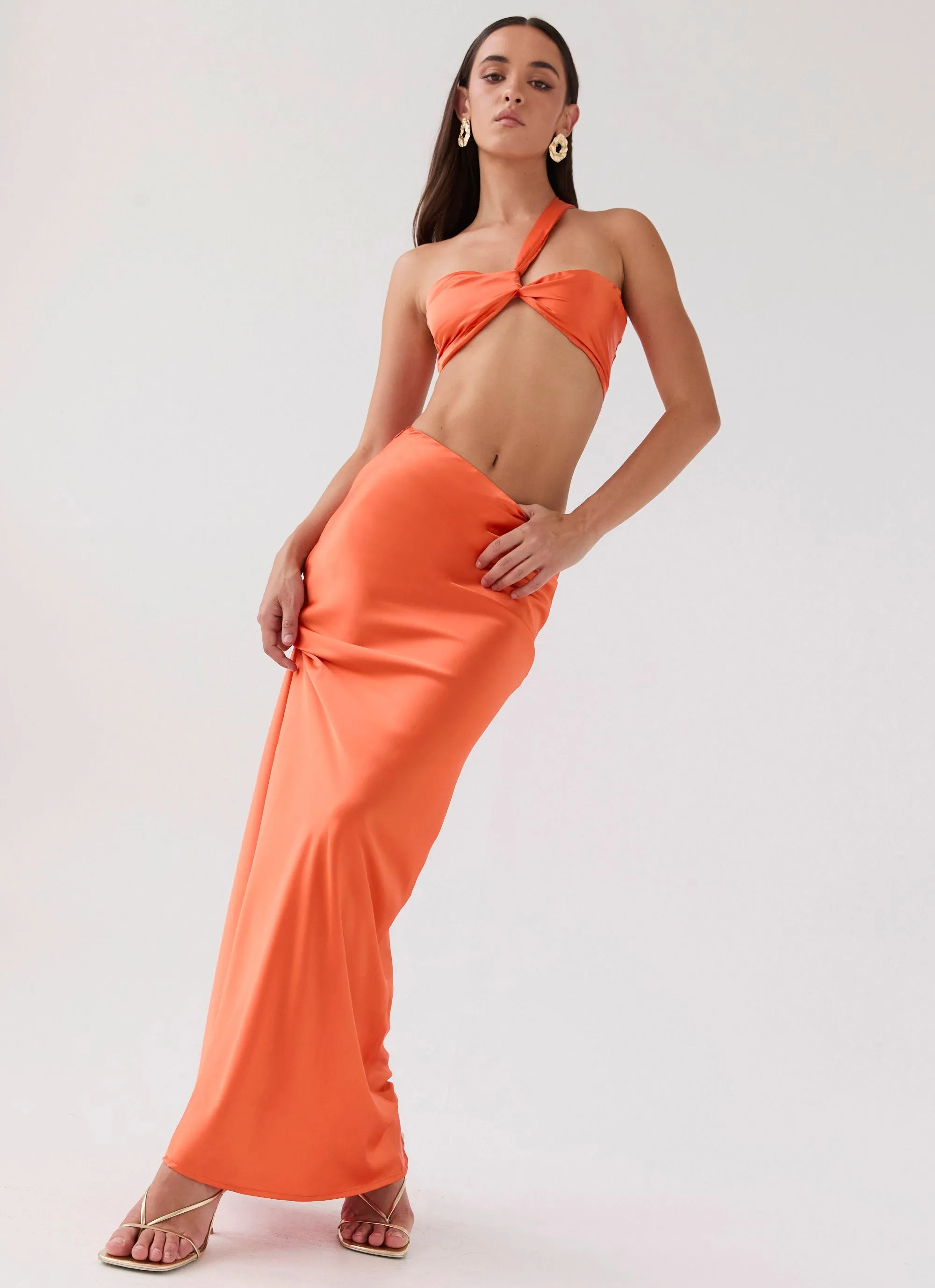 Hidden Oasis Satin Maxi Skirt - Tangerine Lightweight Lining
