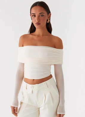 Microfiber Blended Fabric Layered Panel Construction Vivianne Off Shoulder Top - Ivory
