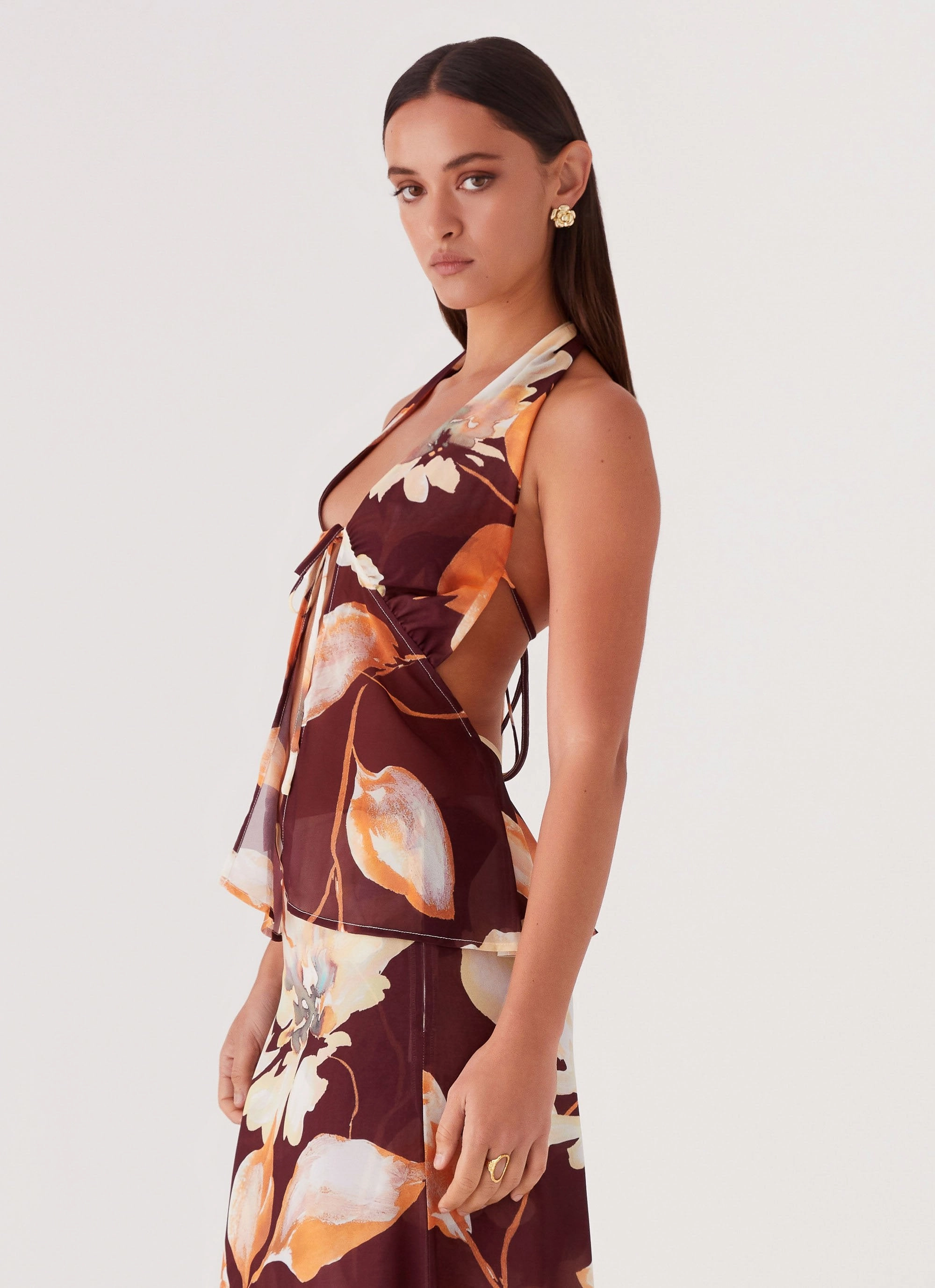 Camellia Halterneck Top - Brown Floral Airflow Mesh Lining