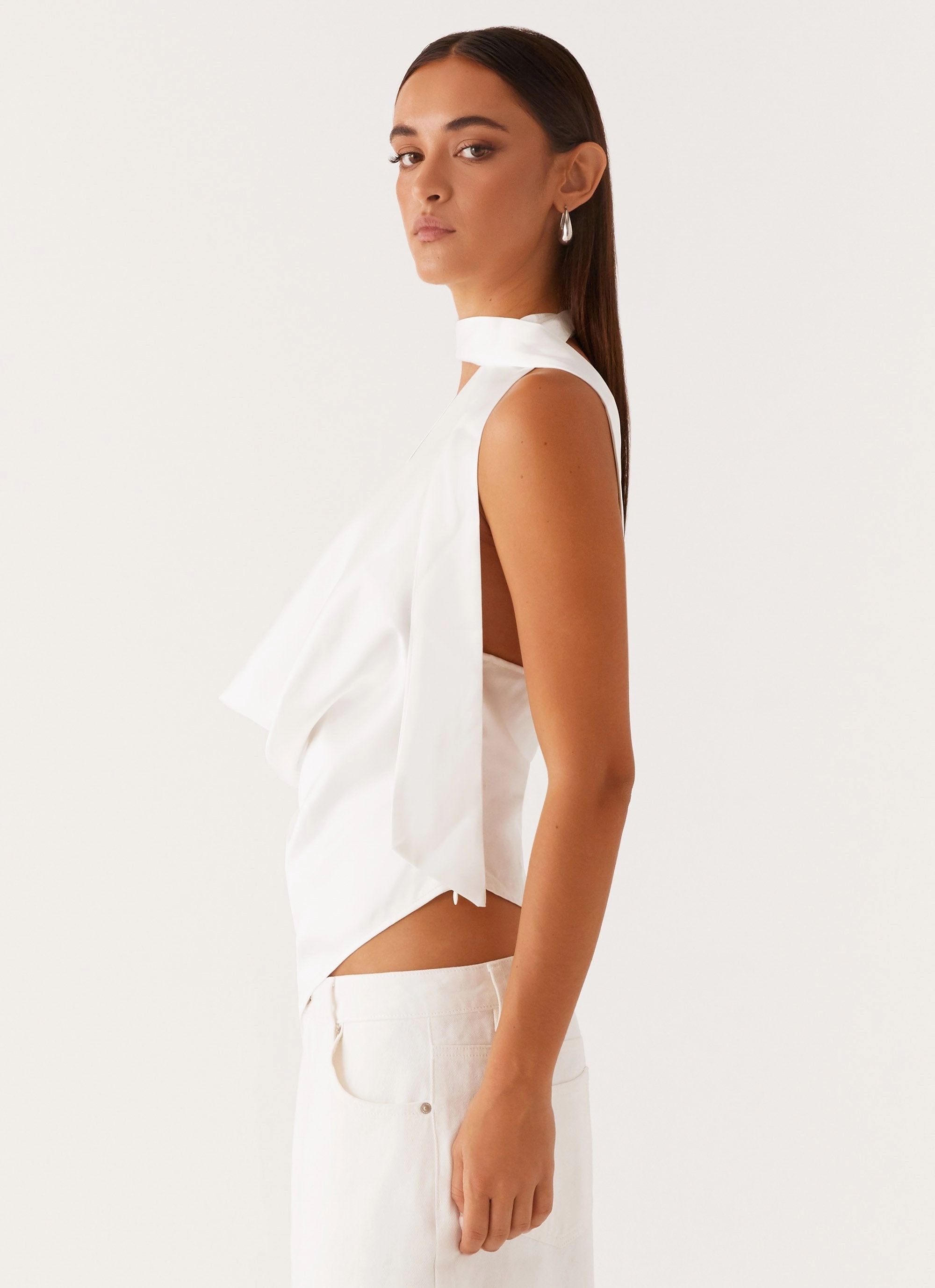 Nina Halterneck Scarf Top - White Easy to Wear WrinkleResistant