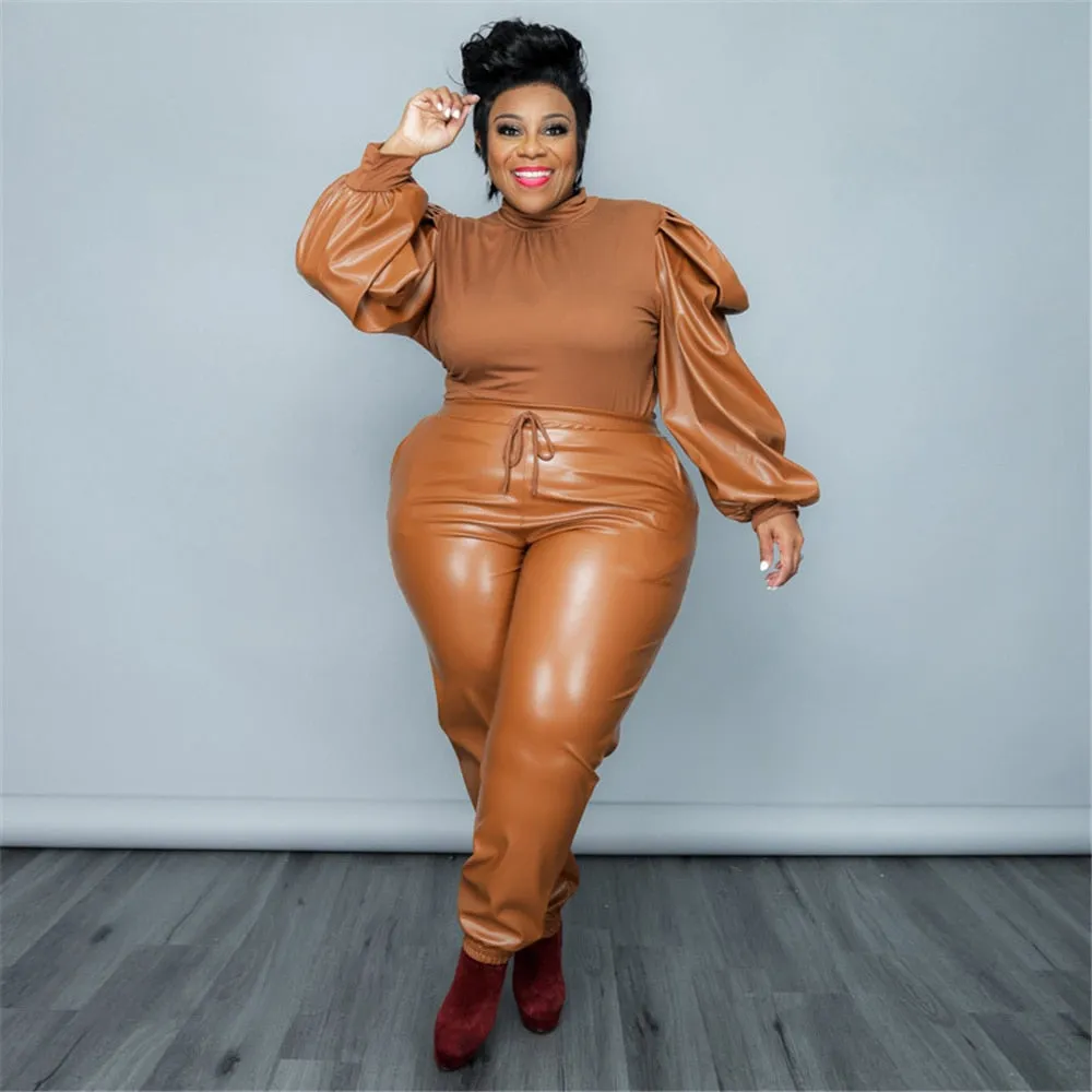 High-end Plus Size 2 Piece Puff Sleeve Outfit Set
