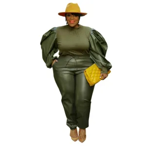 High-end Plus Size 2 Piece Puff Sleeve Outfit Set