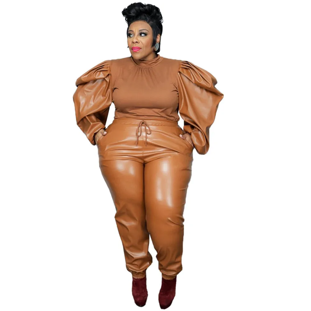 High-end Plus Size 2 Piece Puff Sleeve Outfit Set