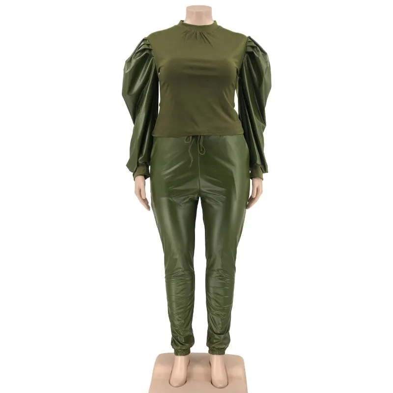 High-end Plus Size 2 Piece Puff Sleeve Outfit Set