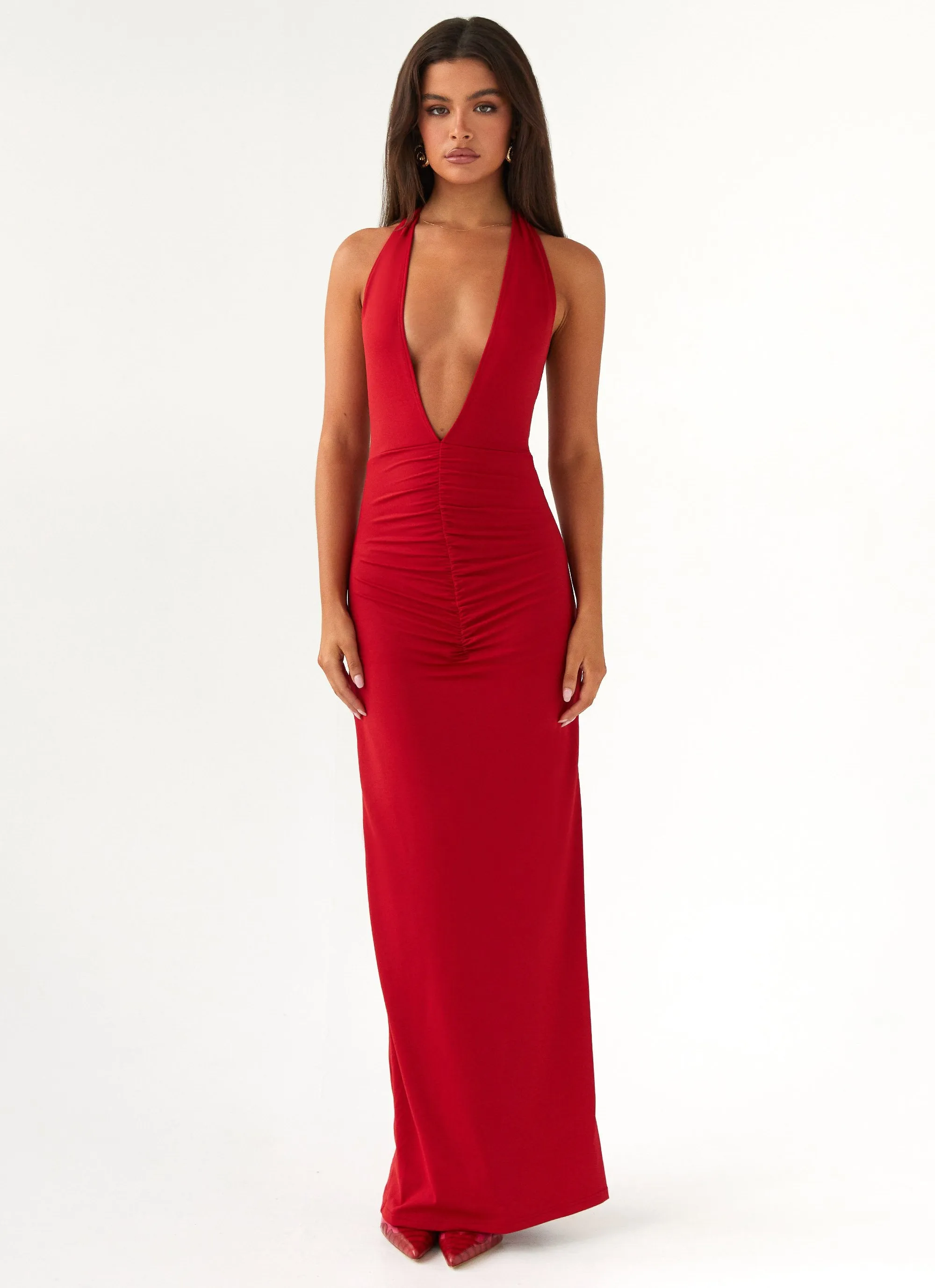 Multi Pocket Utility Whisked Away Halterneck Maxi Dress - Red