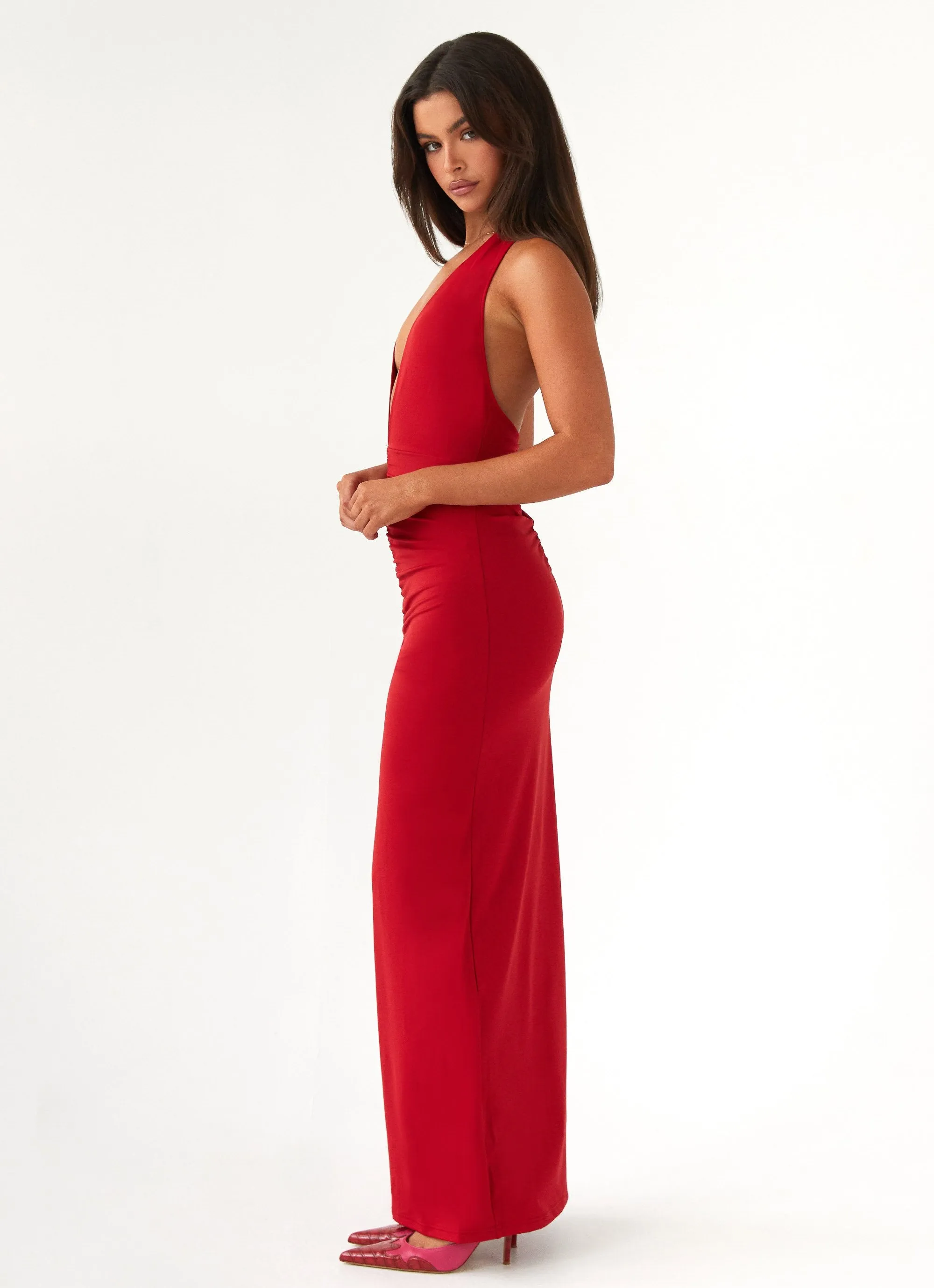 Multi Pocket Utility Subtle Details Whisked Away Halterneck Maxi Dress - Red