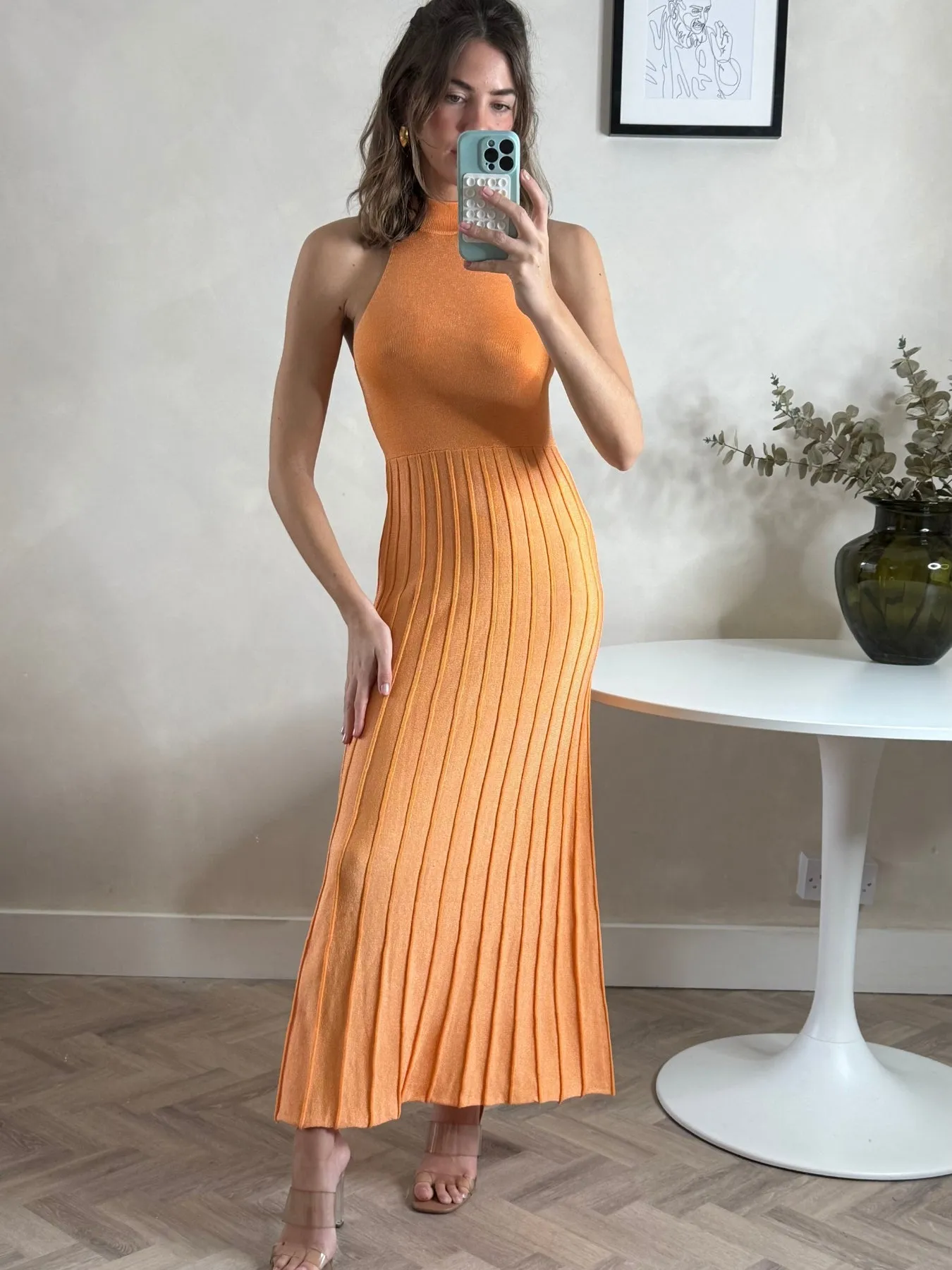 Satin-Finish High Neck Pleated Maxi Dress in Orange Shimmer