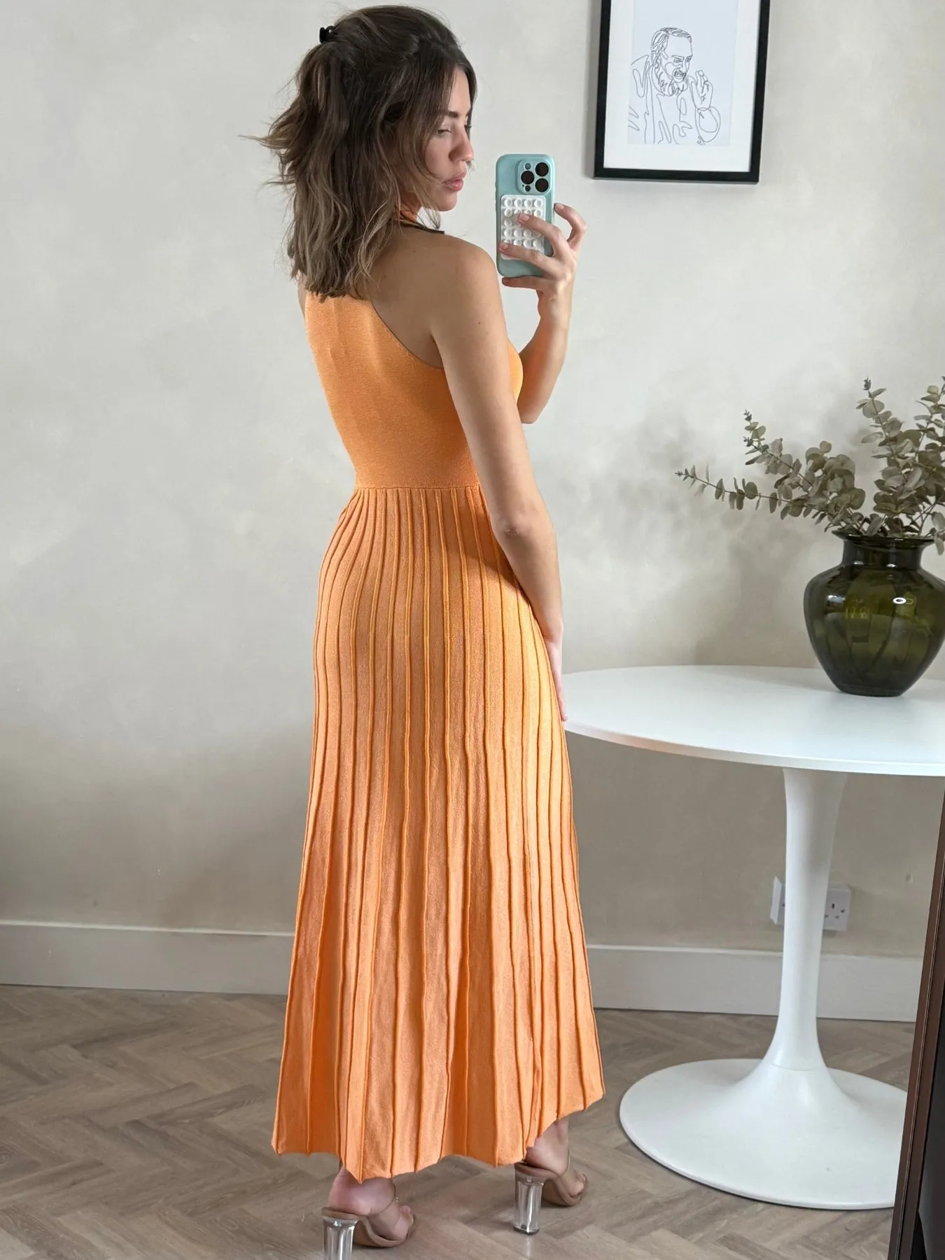 Shine Finish Basic Warm High Neck Pleated Maxi Dress in Orange Shimmer