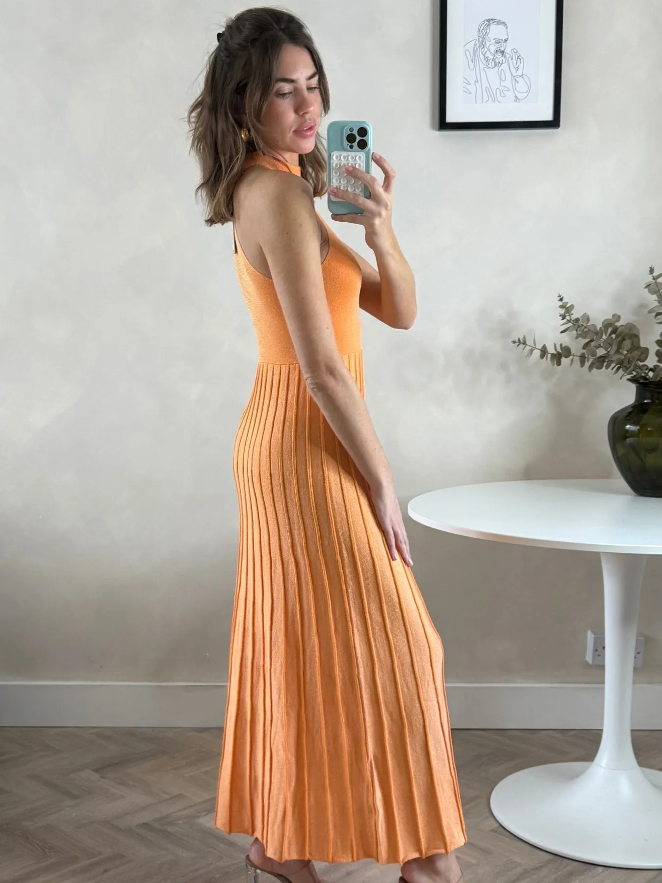 ElasticWaistband Cool Comfort High Neck Pleated Maxi Dress in Orange Shimmer