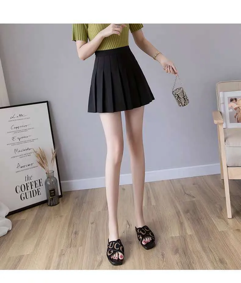 High Waist A-Line Pleated Women Summer Skirt College Black White Gray Slim Look Skirt