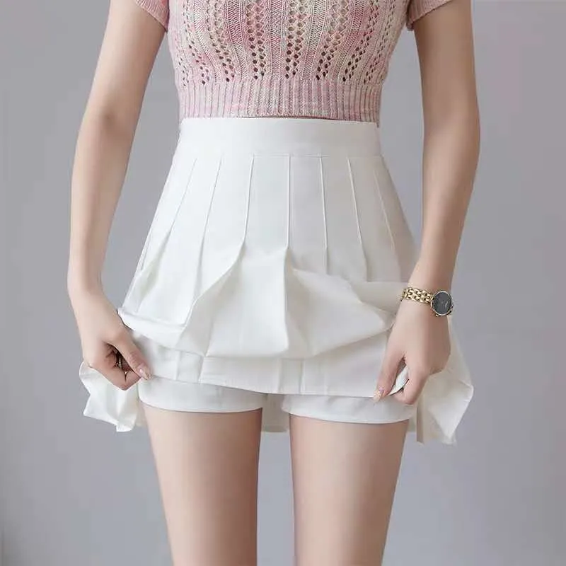 High Waist A-Line Pleated Women Summer Skirt College Black White Gray Slim Look Skirt