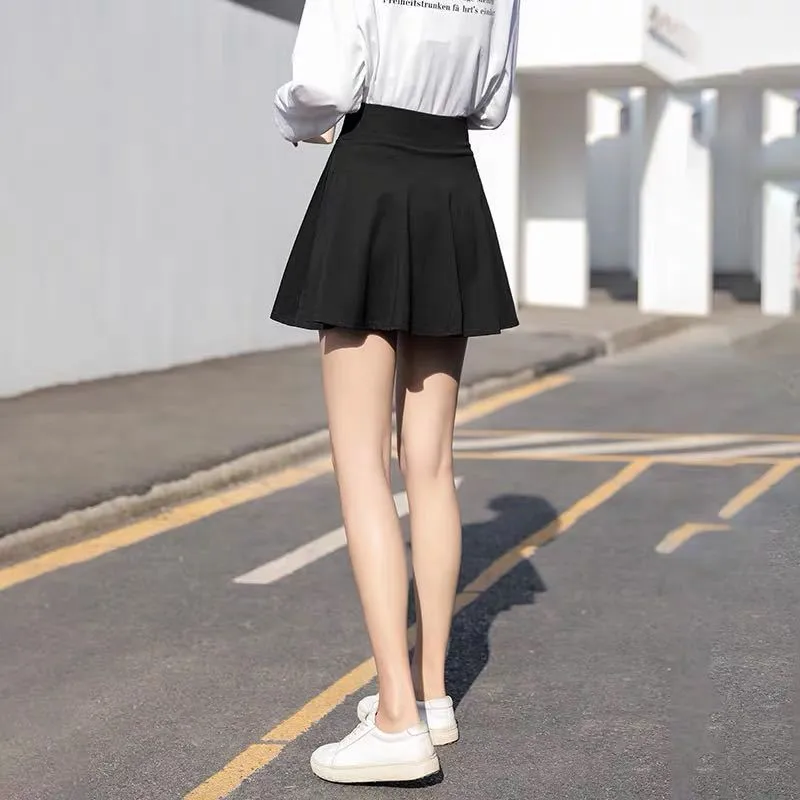 High Waist A-Line Pleated Women Summer Skirt College Black White Gray Slim Look Skirt
