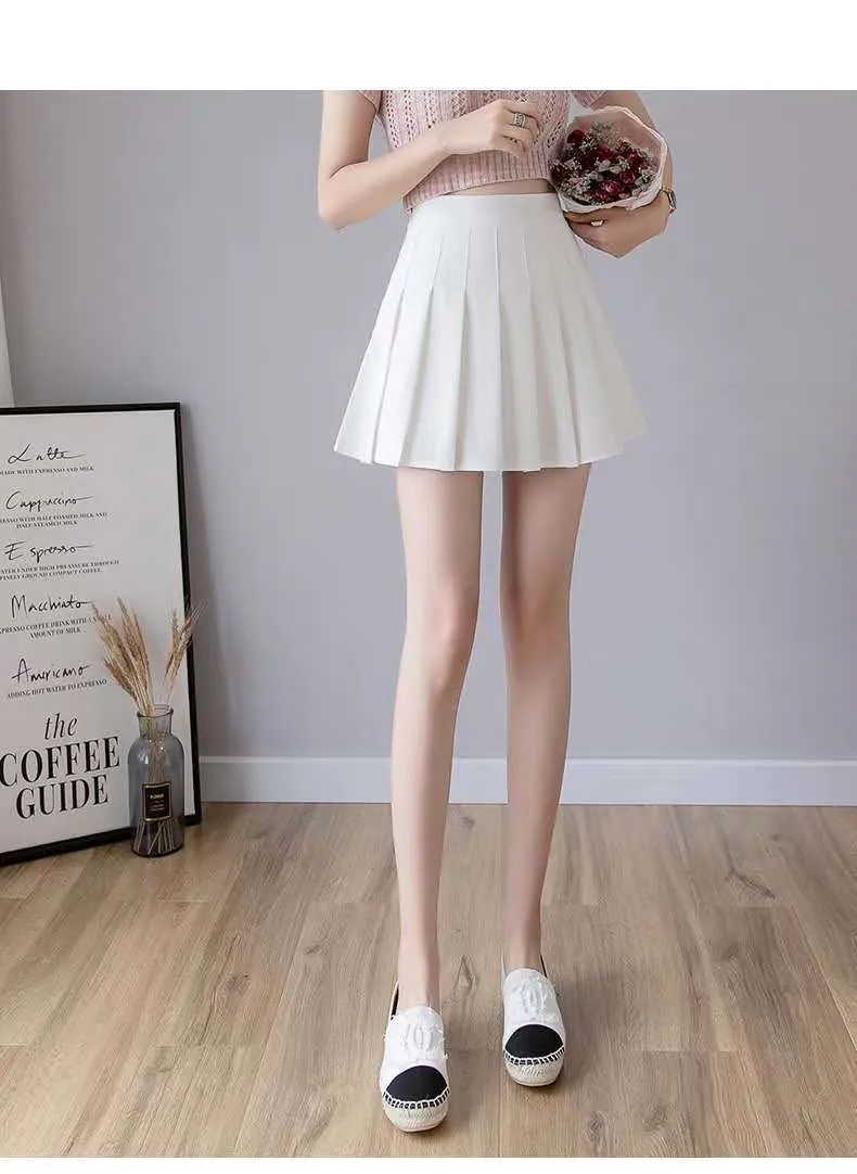 High Waist A-Line Pleated Women Summer Skirt College Black White Gray Slim Look Skirt
